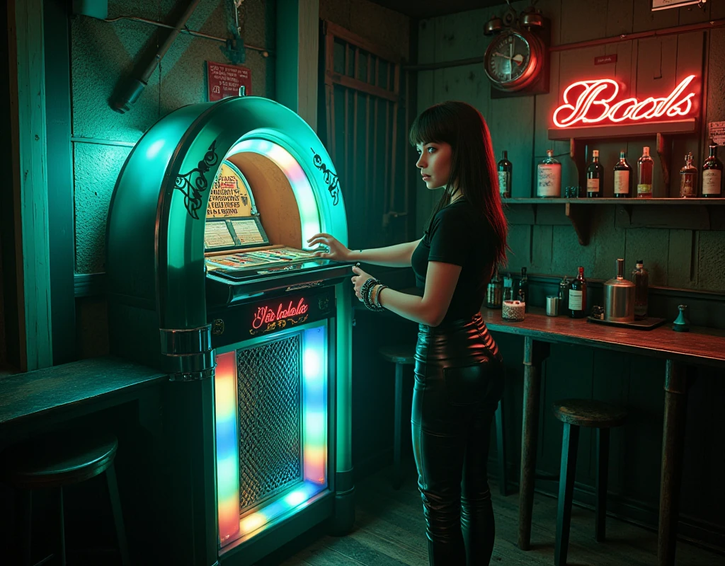 In a dimly lit traditional pub, a 19-year-old girl stands next to a vintage, multi-colored jukebox, her fingers poised to select a song. She wears a tight black T-shirt that clings to her body, paired with sleek leather pants that shimmer subtly under the dramatic lighting. The atmosphere is thick with nostalgia, the air heavy with the smell of spilled drinks. A small turquoise neon light casts an ethereal glow, illuminating her determined expression and the jukebox’s colorful buttons. Shadows dance across the walls, creating a stark contrast between the vibrant neon and the pub’s faded decor, evoking a sense of resilience and resilience. The jukebox, a relic of a bygone era, stands as a symbol of hope amidst the surrounding decay, inviting memories of joy and connection.