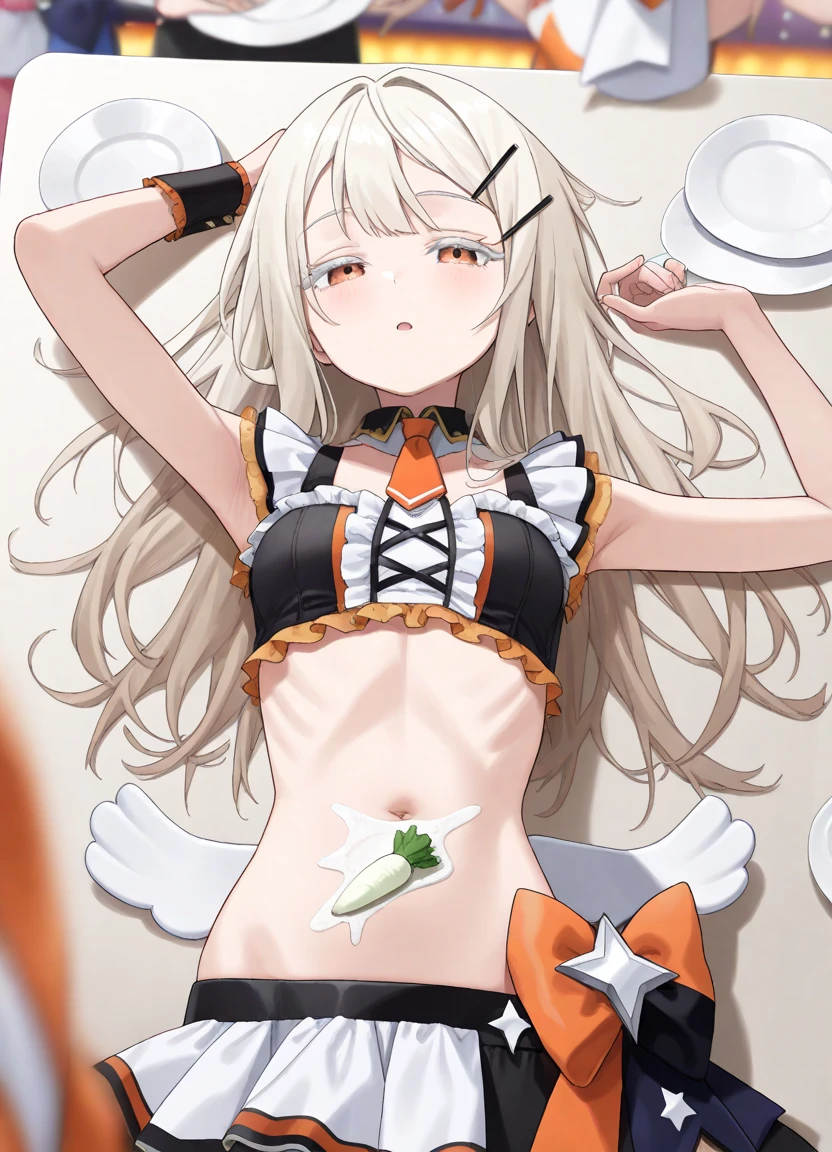 ((Masterpiece, Best Picture Quality, High Quality, Super High Quality, Depth of Field, 4K, High Definition)), Hiro Shinozawa, Slender, Sleepy Eyes, Dark Orange Eyes, White Eyelashes, White Blonde Hair, Long Hair, Hairpin, Hairpin in Front, Small Breasts, Thin Belly, Ribs, Small Mouth, Sheer Frilly Idol Clothes, Lower Tits and Navel Thin body, showing,
((Idol event venue, on back on long table, Japanese radish on belly, white glue on table plate)), shy, expressionless, (smile: 0.3), open mouth, (blush: 0.5), cowboy shot