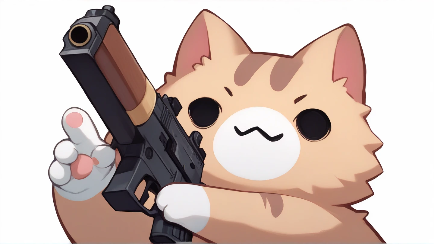 score_9, score_8_up, score_7_up, source_anime, simple background, white background, no humans, nekoemoji, cat, solid circle eyes, holding gun