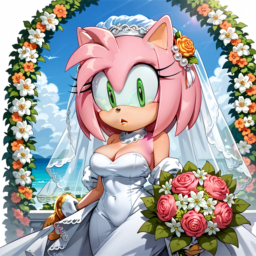 *Amy rose, big eyes, beautiful green eyes, long eyelashes ,Peach skin , long puaz with a congo , pink hair, big breasts,slim,semi-wide hips, with a bouquet of Flowers , a white headband with a white veil behind the head, hair adorned with pearls ,A hedgehog, a white wedding dress ,beautiful hedgehog .