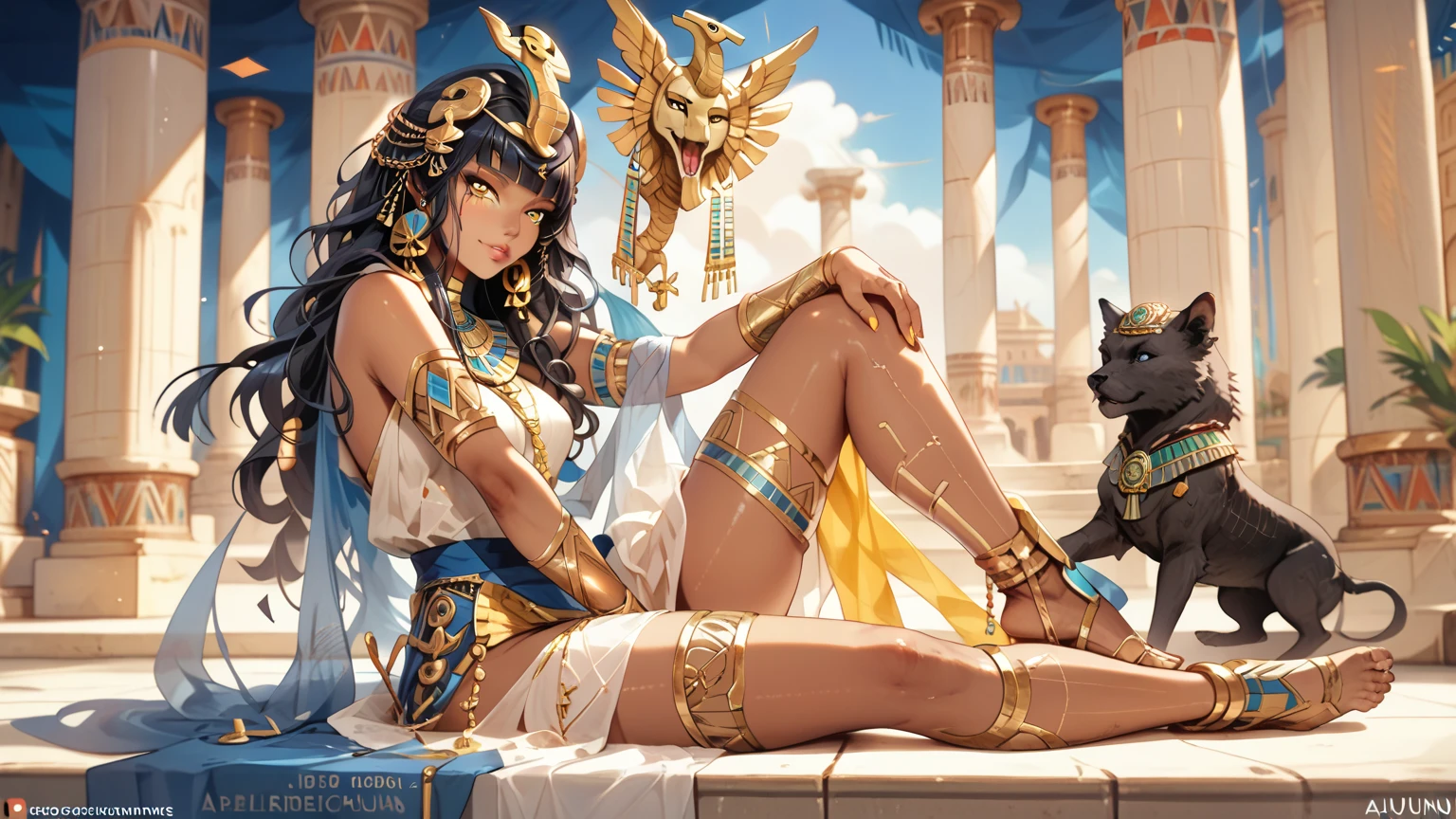 (An intricate woman mechanical dark blue yellow gold design, egyptian amun Goddess, Ancient Goddess, gold pantie), science, light emitting diode,metal high definition,( sitting on the floor hand between legs,look straight, cowboy shot),see but and hip best quality, high definition, anatomically correct, Very detailed, Ultra High Definition, textured skin, Sharp details,