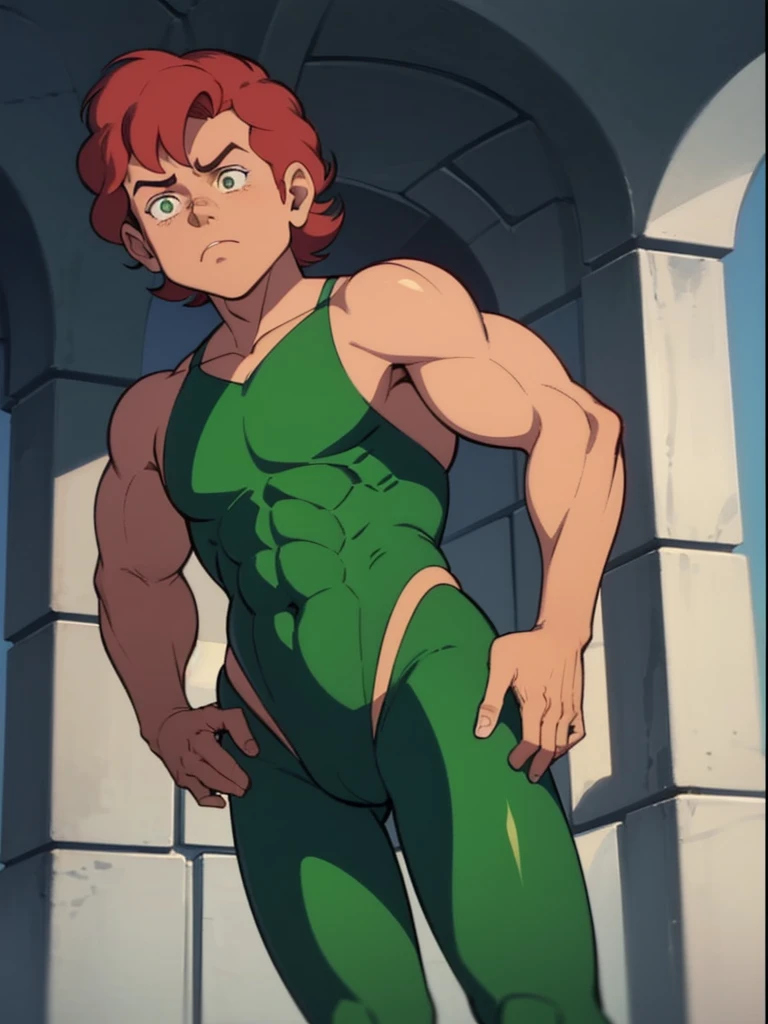 a redhead cartoon character dressed in a green leotard, very muscular, a young male wizard, 1980s cartoon, animated episode still, Presto (((mad)))
