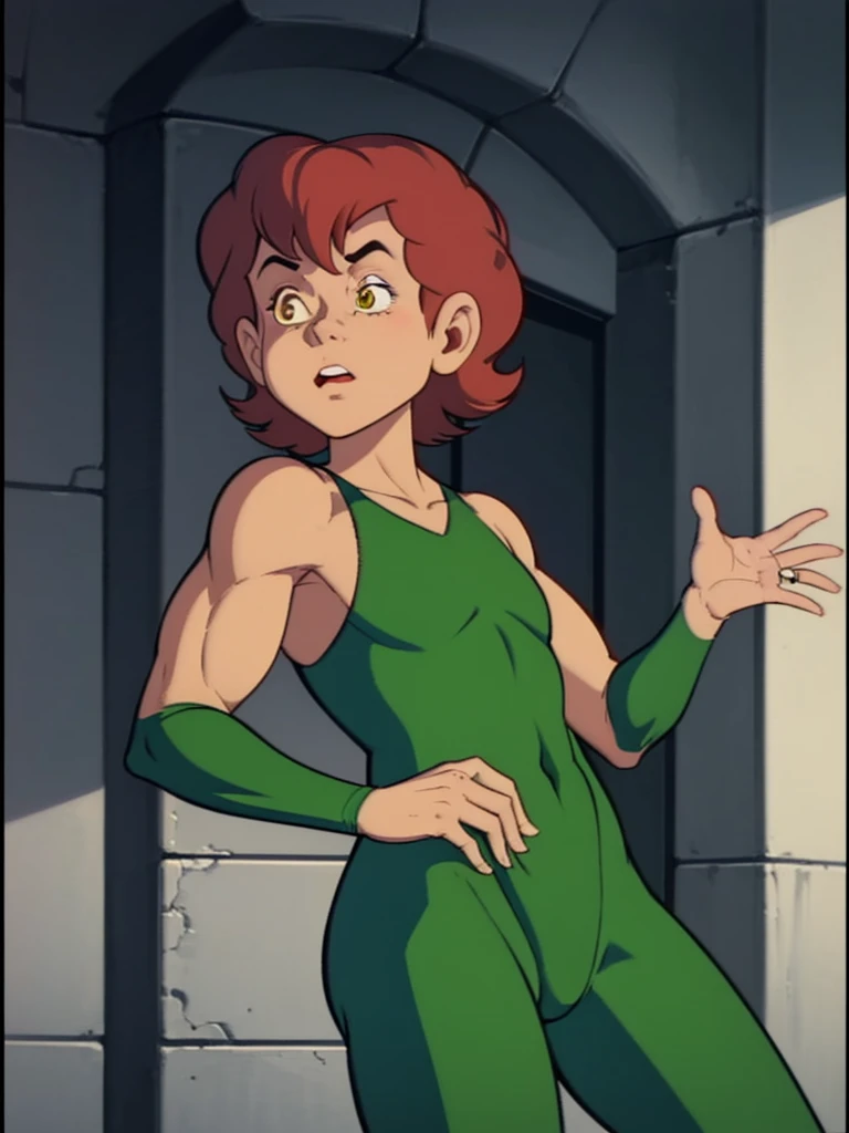 a redhead cartoon character dressed in a green leotard, very muscular, a young male wizard, 1980s cartoon, animated episode still, Presto (((mad)))