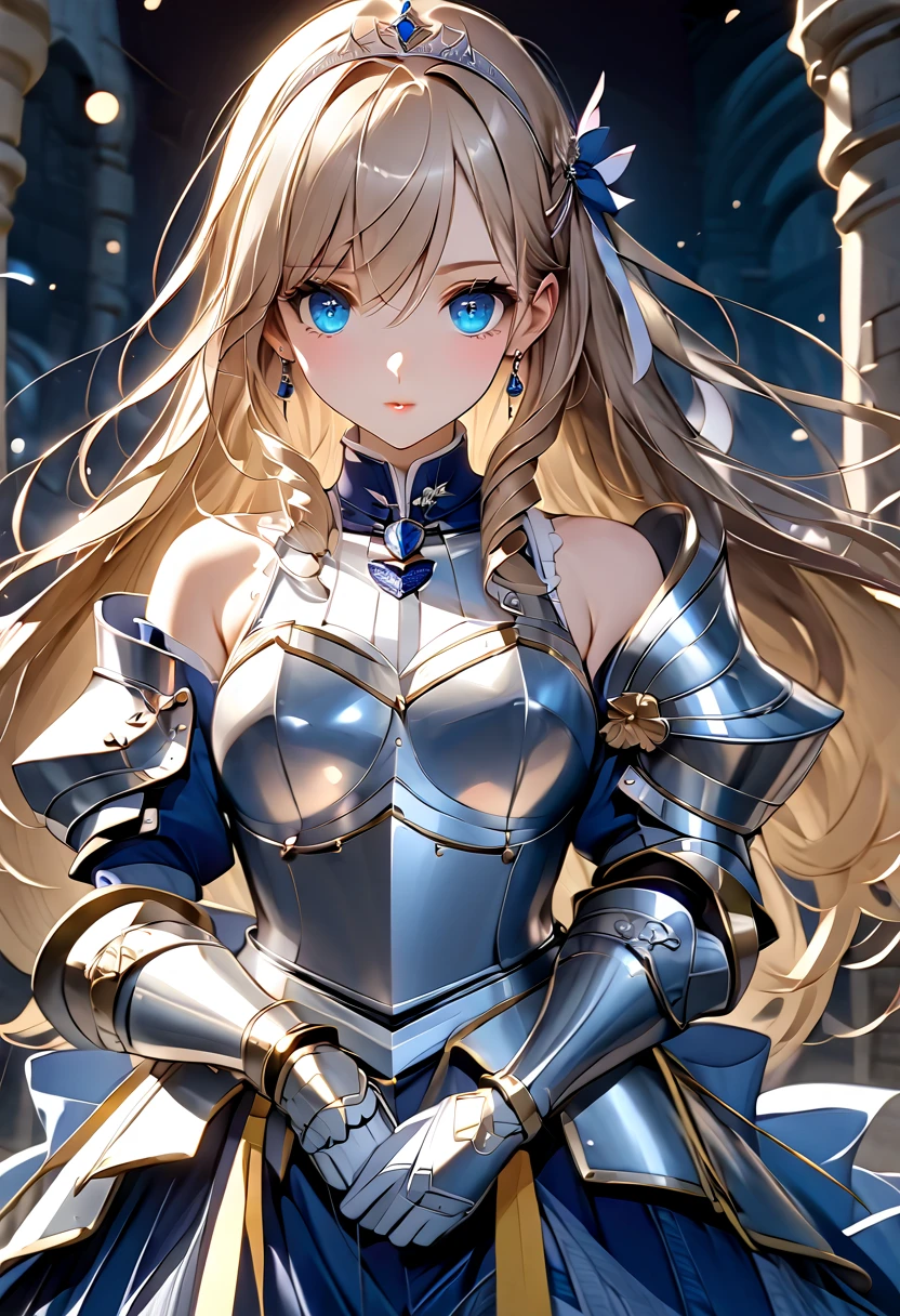 ((masterpiece)),  top quality ,  very detailed,( one girl), Knight Princess , Celia Aintree long hair,  blondes,  drill hair,  hair band ,  hair accessories, Blue Eyes, High gradation eyes,  hair tube,  dress, Dark Blue,  dress,  gloves, [Bare shoulders,   jewelry,  clevis on a stone,  princess, elbow  gloves, tiara ,brooch,white  gloves、 adult female 、thin、 very beautiful、 beautiful faces、(((Blue and silver armor、breastplate、 gauntlet、Shin guards、 shiny armor:1.2)))、 gold earrings、Golden Hair, Blue Eyes,  pink lips,  cowboy shot 