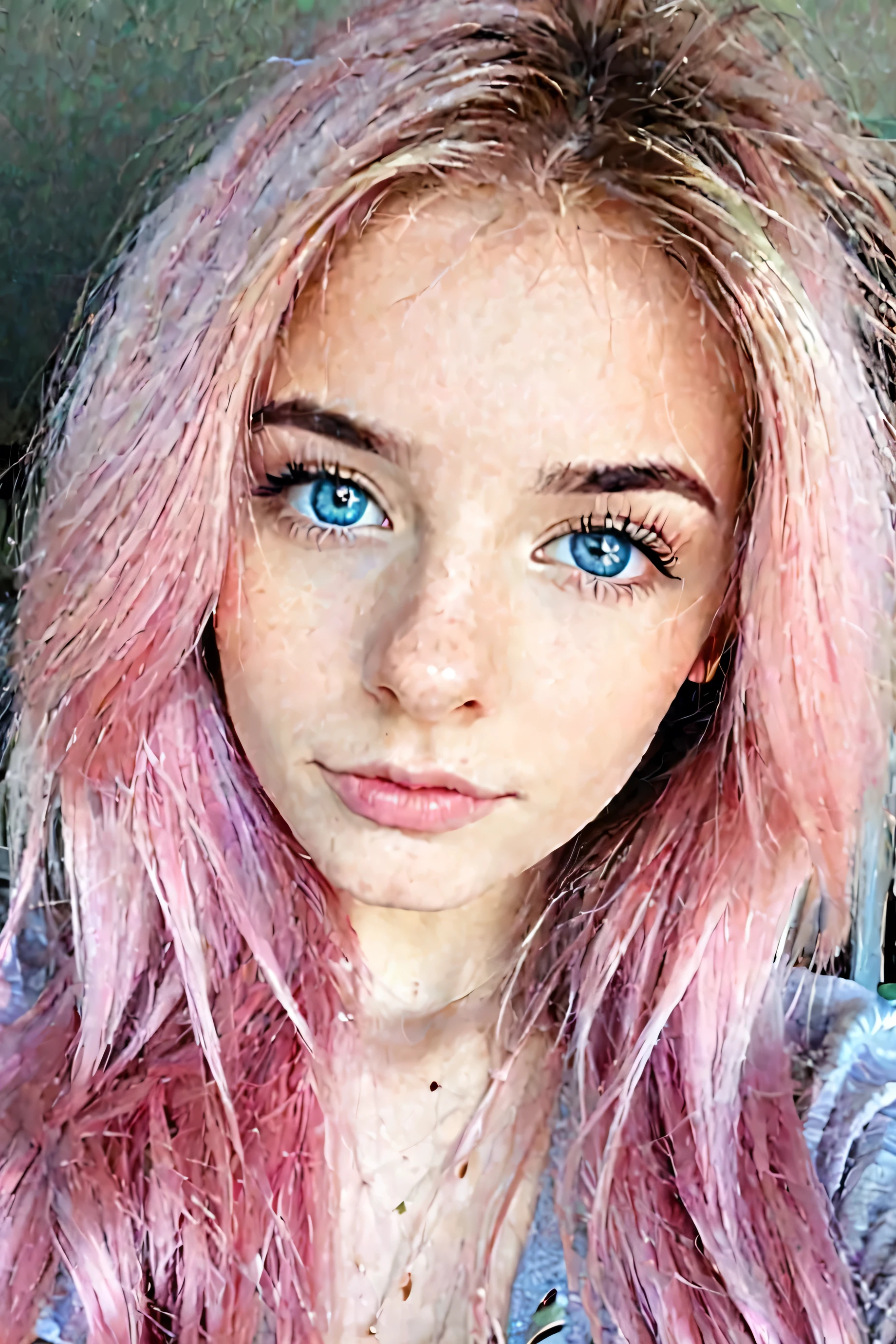 , faded pink hair, slim, blue eyes, selfie 