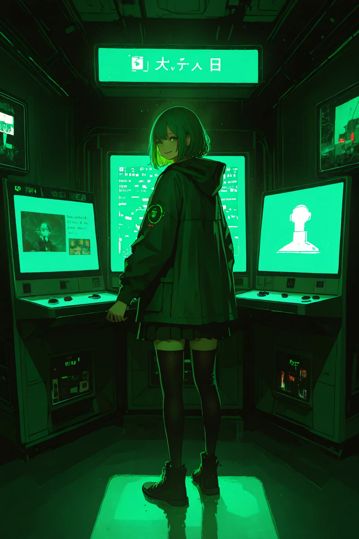 Picture of a woman standing in a game center ,    A pointillism drawing inspired by a painting by Junji Ito depicting a woman standing in a game center ,   CG Society Contest Winner   , Nuclear Art,  black legwear ,   blotter art  , Sci-fi Paintings   ,    portrait inspired by the delicate atmosphere of Lovecraft  ,    black legwear , Eyes are green light   ,   visionary painting  , very detailed,  from your hand and direct your gaze,  smiles, 