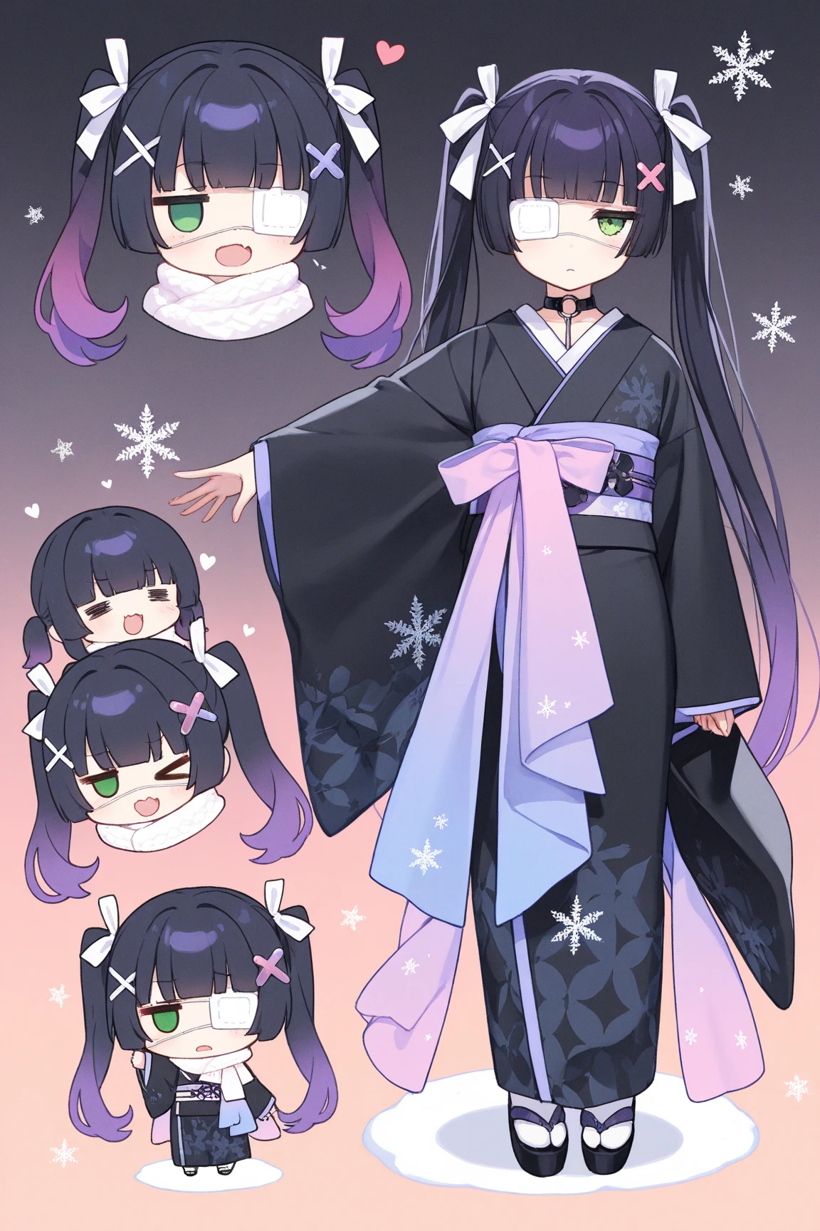 1girl,chibi:1.4,(Twin tails),Black Hair,purple hair,gradient hair,Very long hair,hime cut,skin fang,jitome,green eye,o-ring choker,x hair ornament,heart hair ornament,(=_=),3,open mouth,BREAK black kimono,layered kimono,long kimono fur scarf,,flirting,snowflakes,full body,arm up,outstretched arm,gradient background,pastel colors,masterpiece,best quality