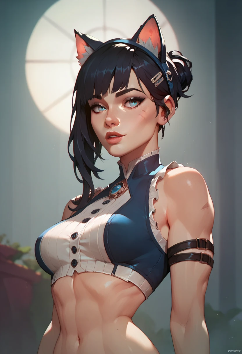 ( masterpiece ) ( better quality ) ( Junkotvvxl's detailed face), 1arcane girl , arcane style,  upper body: sexy,  small waist , black hair,  straight bangs , cat ears, blue eyes.