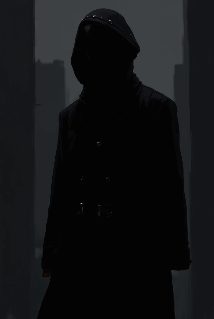 Character Details: Appearance: The character must be wearing a long, dark coat, with a hood or hat covering their face, leaving only the lower part visible. Alternatively, he may be wearing a mask that covers his face. Position: He is standing near the edge of the building, looking down at the city below, with his body partially facing forward. Hands may be in pockets or holding something small and indistinguishable. Clothing: The coat should be detailed with subtle folds and movements caused by the night wind. Environment and Scenario: Building: The top of the building has some details such as an antenna, air conditioning boxes or a parapet. There may be some graffiti or signs of wear. City: Below the building, the city is visible, with street lights, cars and buildings illuminated, creating a vibrant contrast with the character's shadowy figure. Sky: The sky is cloudy, obscuring the stars, but there is a full moon or part of it visible, adding a soft, eerie light to the scene. Atmosphere and Effects: Light: Subtle lighting, with main light sources coming from the moon and city lights. Shadows are pronounced, especially around the character. Wind: The sensation of wind can be transmitted through the movement of the character's clothes and some papers or leaves flying around. Shadows: Use shadows to further hide character details, increasing mystery. Extras: Additional details: Include details like water droplets in puddles on top of the building, reflections of city lights on the character's coat, and perhaps a light fog to add to the atmosphere. Colors: Predominance of dark tones such as black, gray and deep blue, with city lights in yellow and white for contrast.