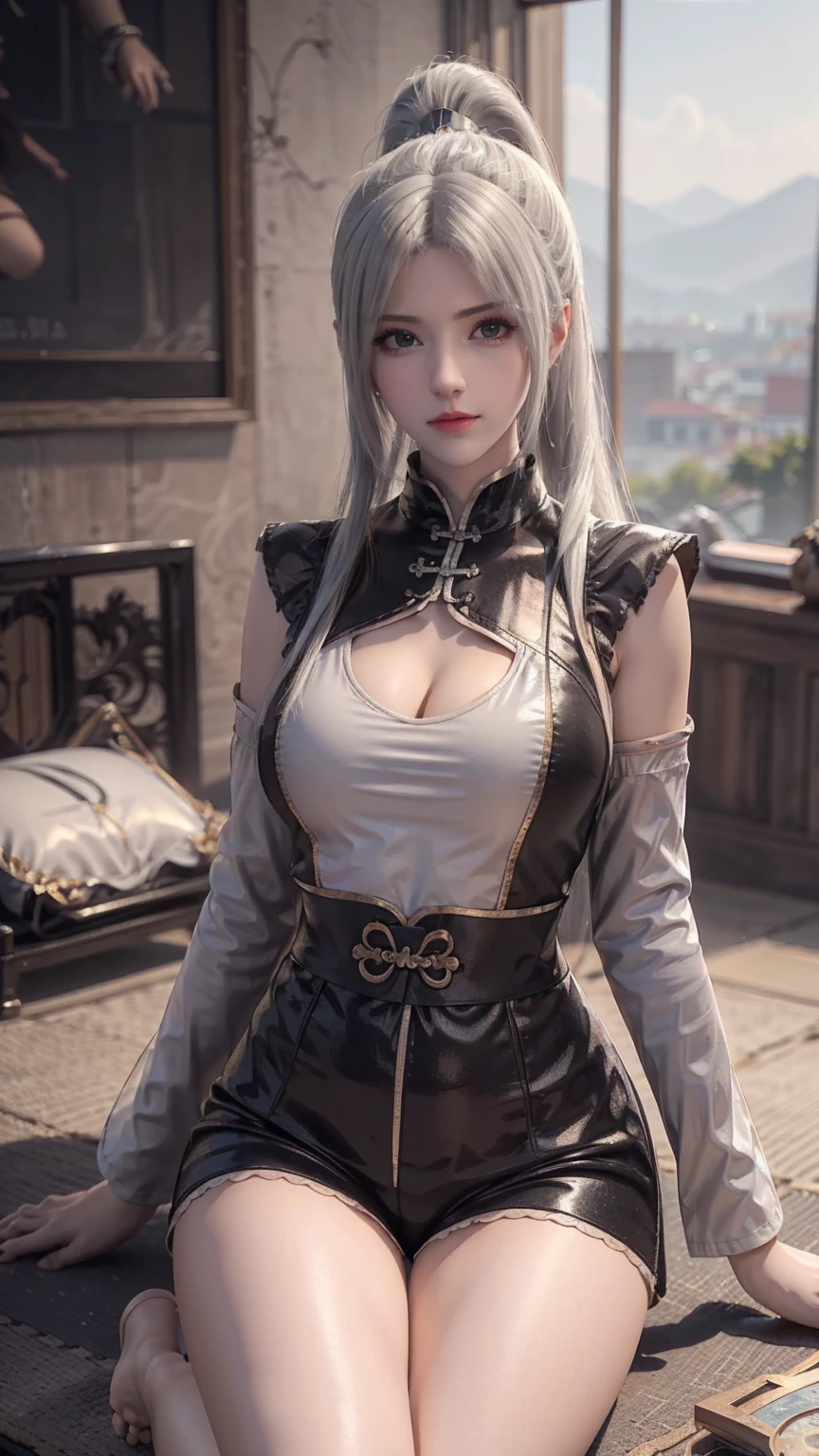 ，Close-up of miss wearing white mask, Beautiful character painting, Gu Weiss,   Gurwitz Style Artwork  , White-haired god, author：Yang Jie,  epically beautiful character art ,   Extremely fine CG8K wallpaper  , author：Fan Qi, by Wuzhun Shifan,   It has a unique texture  , Single ponytail, insult, High Ponytail,  tall and big, Long Legs, (Sleeveless lace shirt), ( shorts), (stripe )), ((stripe )), Walk, Elegant, dignified, miss, Beautiful curves,  sweet smile , 细节感和层次感很强, color丰富绚丽,  has a unique texture , rich and colorful, color, vivid, Design Art, 16K,   super detailed , {{illustration}}, { Extremely refined}, {Exquisite surface treatment},   super detailed , Delicate and shining eyes, {{Light}}, 极致Light效果, Model:  realism , CFG size: 12, Laura: Bright texture (1.35),  high quality , masterpiece,  exquisite facial features,  delicate hairstyle depicting , 眼睛的详细描写, masterpiece,  best quality, Light线追踪,  Extremely Detailed CG Uniform 8K Wallpaper, masterpiece,  best quality, ( 1 girl), 完美miss身材, (((Tight white T-shirt))),  ( delicate face),  short black hair,  tie up your hair , Light blue hairpin,  ( White Skin), (Optimal Lighting), (  super intricate details  ), 4K Unified, (  super detailed  CG),  showing off her white legs , , Hot Pants,  shorts,