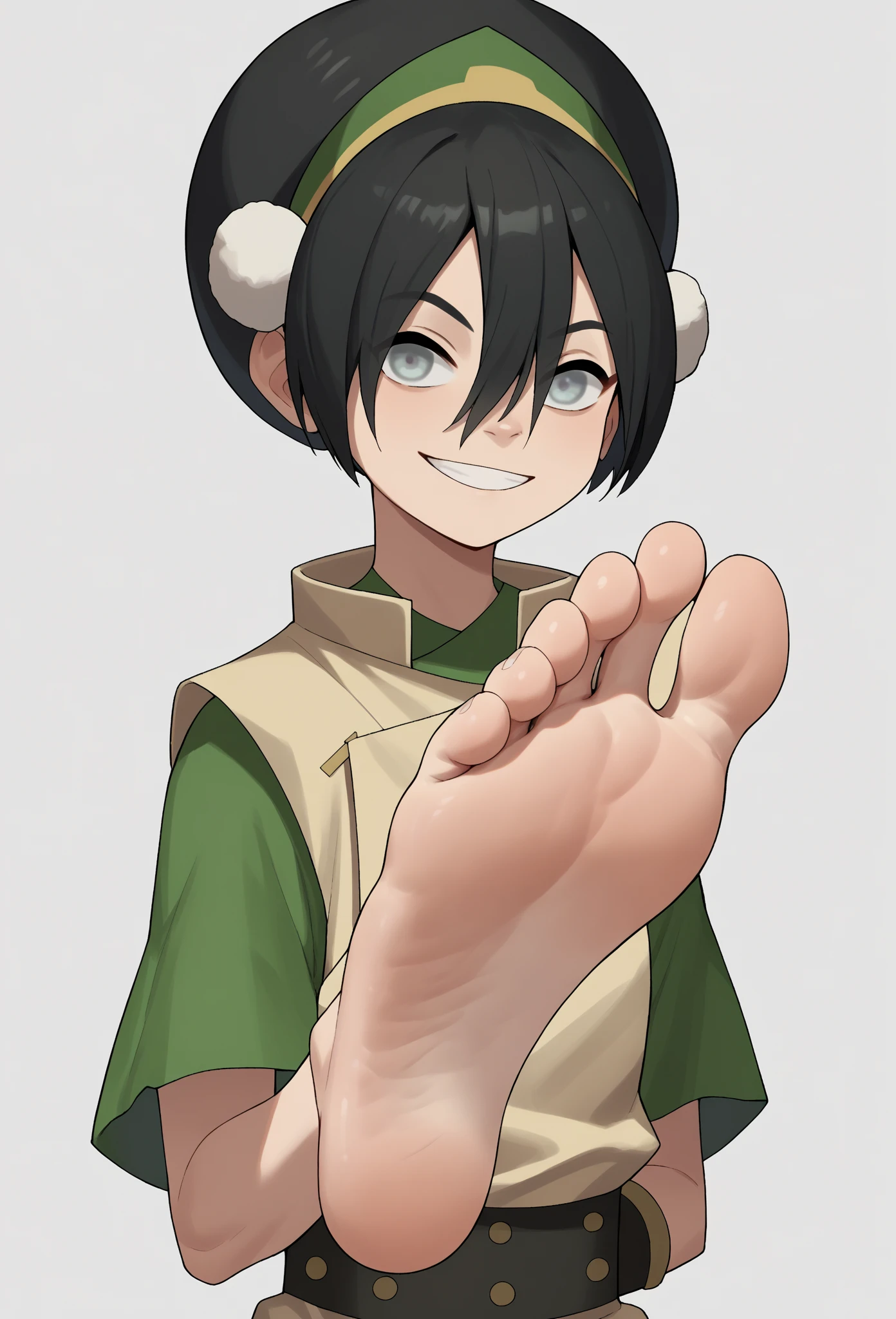 score_9, score_8_up, score_7_up, score_6_up, score_5_up, score_4_up, BREAK, source_anime,
1girl, toph, bangs, black hair, blind, grey eyes, hair between eyes, hair bun, hairband, short hair, short sleeves, tunic, chinese clothes, showing bottom of feet, foot focus, soles of feet, forest background 
hands behind back, smile, upper body, looking at viewer, solo, simple background, white background   