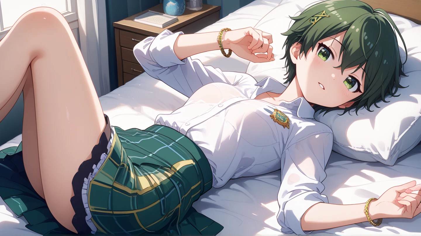 (masterpiece, best quality), highly detailed background, perfect lighting, best quality, batogasubaru, solo, looking at viewer, blush, parted lips, green hair, ahoge, hair between eyes, hairclip, short hair, green eyes, medium breasts, collared shirt, white shirt, long sleeves, sleeves rolled up, bracelet, green skirt, plaid skirt, lying, bed sheet, on back, bedroom, night