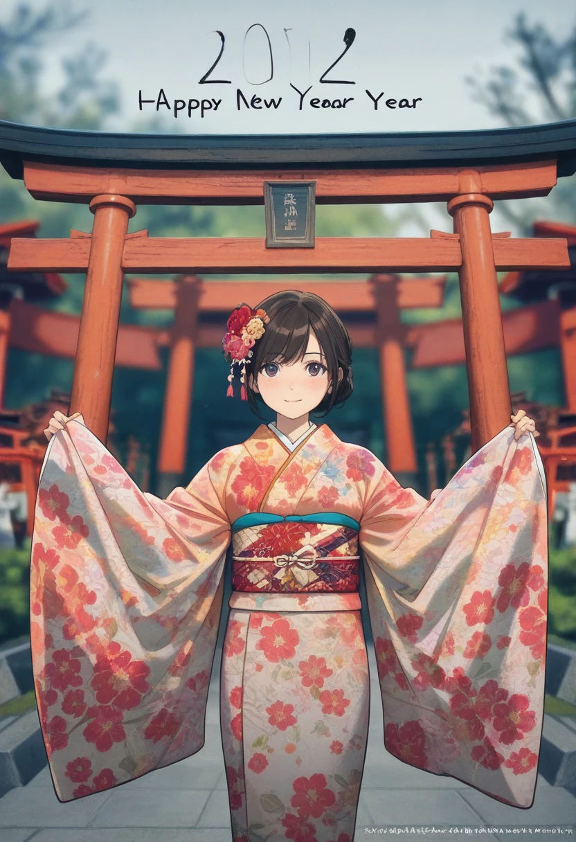 Anime, artwork, 8K quality, Japanese New Year, girl wearing formal "kimono", beautiful, Japanese shrine torii gate in the background, blurred background, floral pattern on the kimono, expressing the joyful atmosphere of New Year.