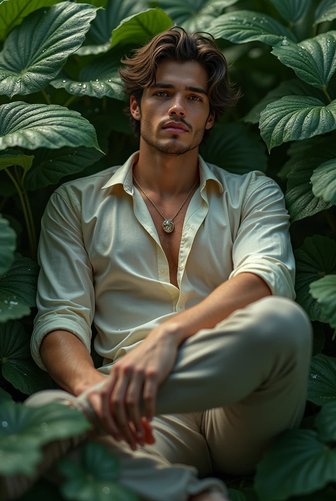 Handsome brown-haired man without a shirt, sitting relaxed with his legs wide open, with the other hand touching his chest, slightly tilting his head back.