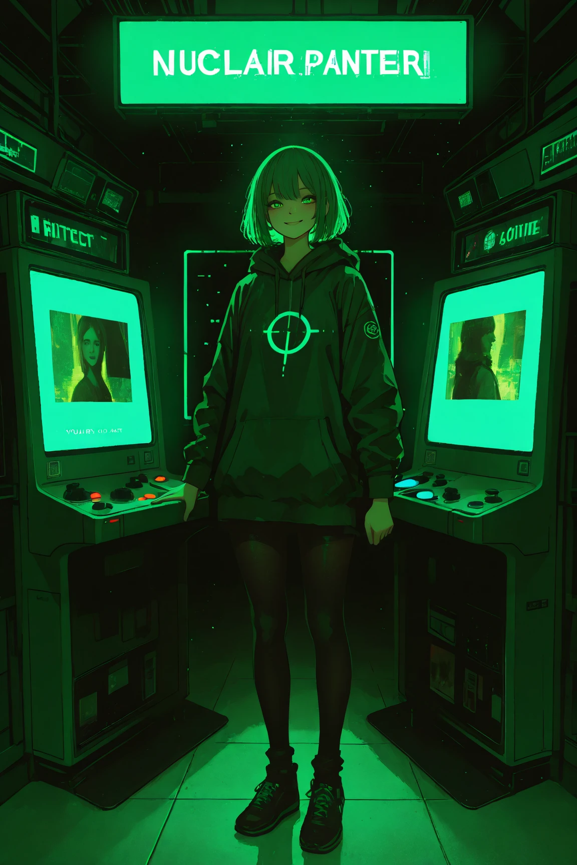 Picture of a woman standing in a game center ,    A pointillism drawing inspired by a painting by Junji Ito depicting a woman standing in a game center ,   CG Society Contest Winner   , Nuclear Art,  black legwear ,   blotter art  , Sci-fi Paintings   ,    portrait inspired by the delicate atmosphere of Lovecraft  ,    black legwear , Eyes are green light   ,   visionary painting  , very detailed,  from your hand and direct your gaze,  smiles, 