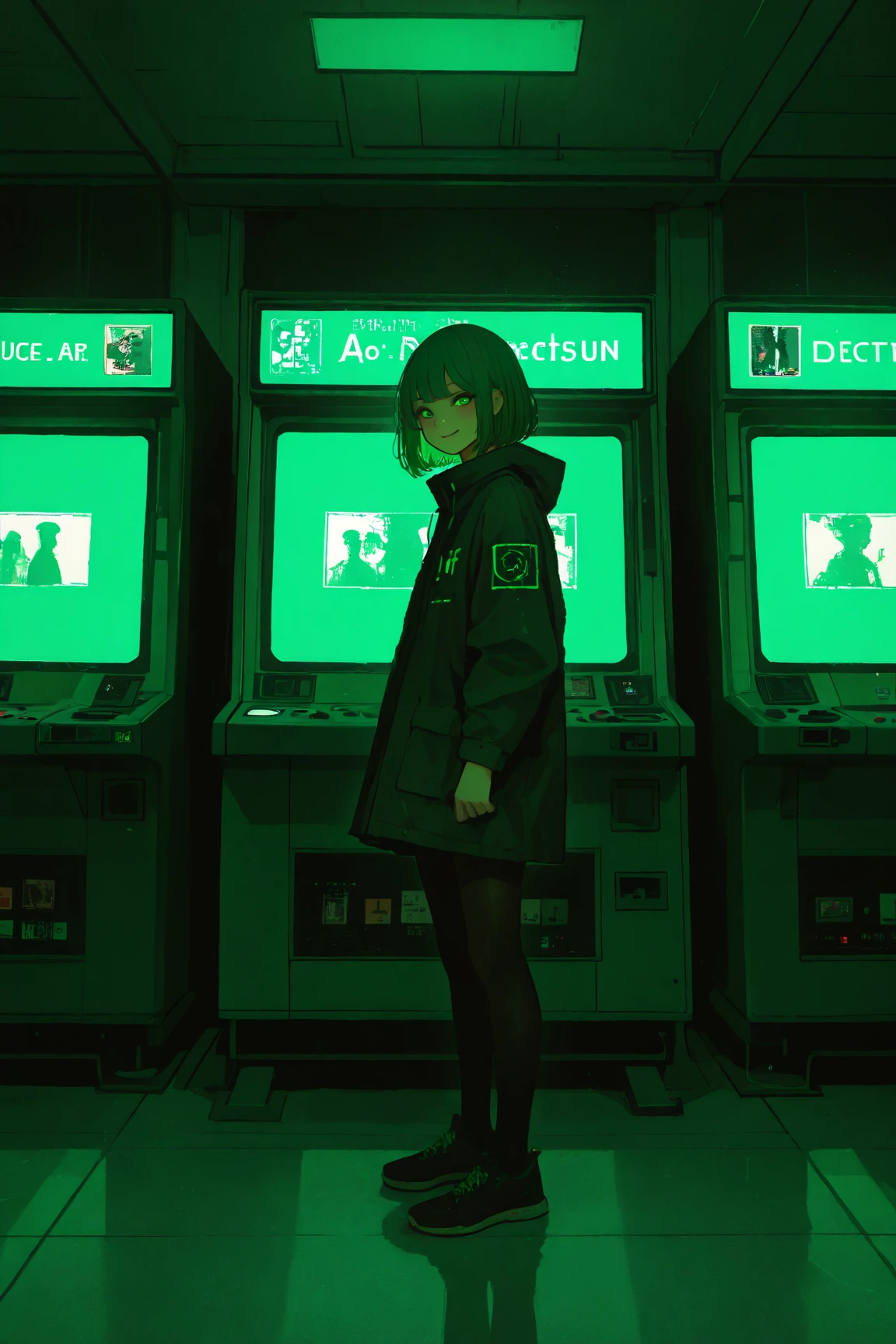 Picture of a woman standing in a game center ,    A pointillism drawing inspired by a painting by Junji Ito depicting a woman standing in a game center ,   CG Society Contest Winner   ,  black legwear ,   blotter art  , Sci-fi Paintings   ,    portrait inspired by the delicate atmosphere of Lovecraft  ,    black legwear , Eyes are green light   ,   visionary painting  , very detailed,  from your hand and direct your gaze,  smiles, yellow