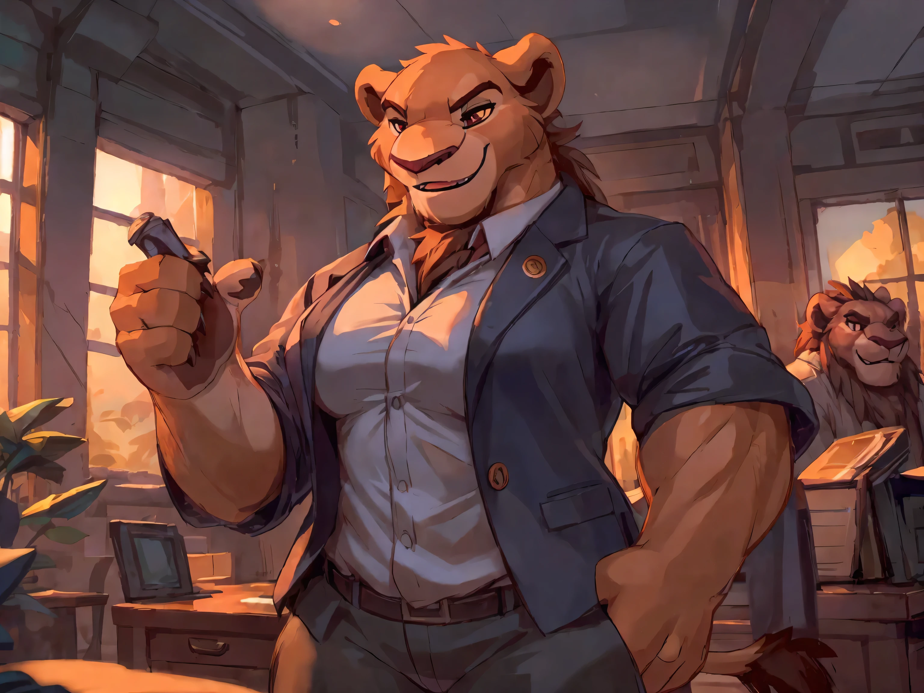 lion, (female:2), elegant demeanor, toothy smile, button-up shirt, blazer, slacks, standing, doing Self-Introduction, in office, in the morning, masterpiece, (16K), HD, Various facial details, detailed background, very detailed, dynamic poses, Eyes details,  high resolution, high quality, correct anatomy
, cartoon, by lindong, by null-ghost