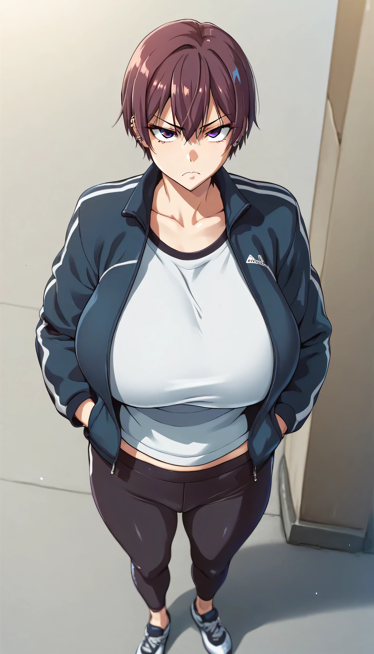       score_9,       score_8_above,       score_7_above,       score_6_above,    Estilo Takeda Hiromitsu  ,  a girl, huge breast ,    big breasts,     High Details   ,       The best quality      ,     photo angles ,     short hair ,     Closed mouth    ,   , piercings ,    hands in pockets    ,  so lines ,   open sports jacket  ,   tight sports pants  , The serious face 