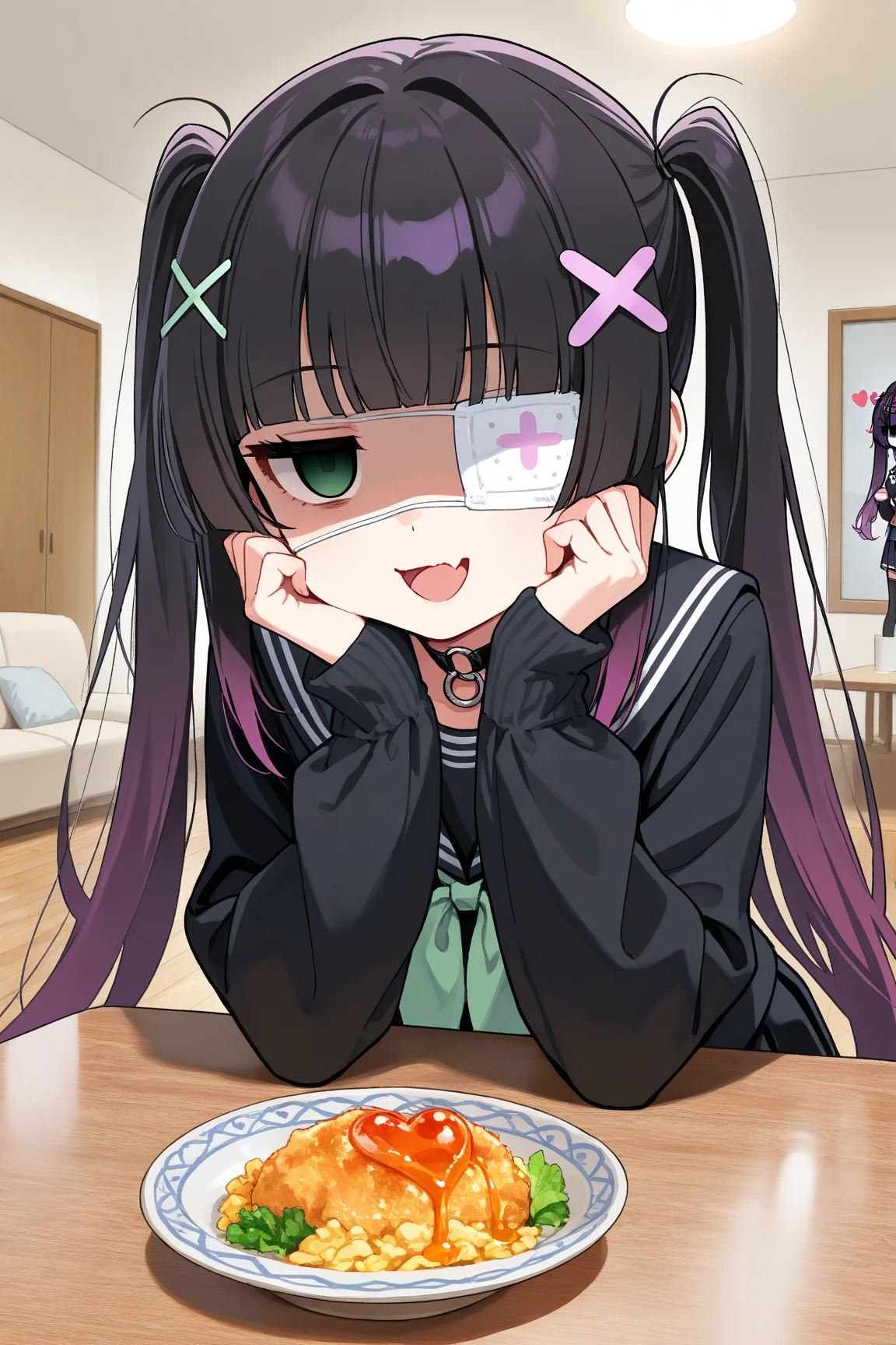 1girl,(Twin tails),Black Hair,purple hair,gradient hair,Very long hair,hime cut,skin fang,jitome,green eye,o-ring choker,x hair ornament,heart hair ornament,medical eyepatch,BREAK living room,shaded face,empty eyes,smile,open mouth,serafuku,skirt,BREAK hands on own cheek,head rest,food focus on table,cowboy shot,masterpiece, best quality, very aesthetic, ultra detailed,