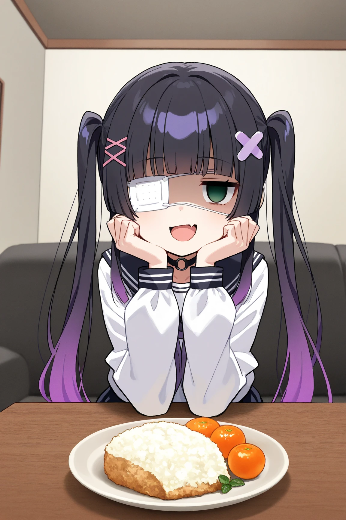 1girl,(Twin tails),Black Hair,purple hair,gradient hair,Very long hair,hime cut,skin fang,jitome,green eye,o-ring choker,x hair ornament,heart hair ornament,medical eyepatch,BREAK living room,shaded face,empty eyes,smile,open mouth,serafuku,skirt,BREAK hands on own cheek,head rest,food focus on table,cowboy shot,masterpiece, best quality, very aesthetic, ultra detailed,