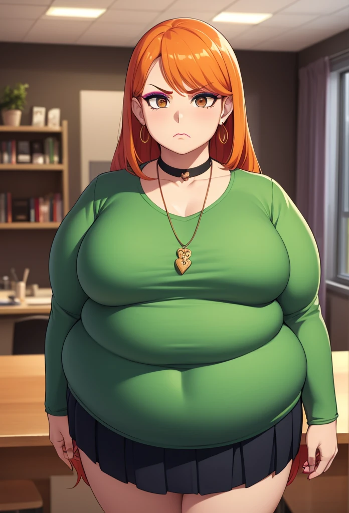 1girl,cmel (big fat body), long hair, orange hair, breasts, brown eyes, lipstick, makeup, blue eyeshadow, jewelry, necklace, choker, green shirt, skirt, earrings, looking at viewer, frown, (clothes that fit your big, fat body size),
indoors,