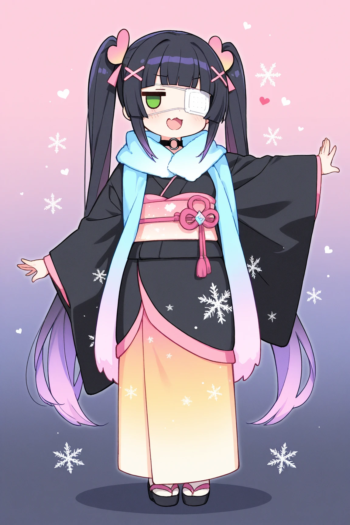 1girl,chibi:1.4,(Twin tails),Black Hair,purple hair,gradient hair,Very long hair,hime cut,skin fang,jitome,green eye,o-ring choker,x hair ornament,heart hair ornament,(=_=),3,open mouth,BREAK black kimono,layered kimono,long kimono fur scarf,,flirting,snowflakes,full body,arm up,outstretched arm,gradient background,pastel colors,masterpiece,best quality