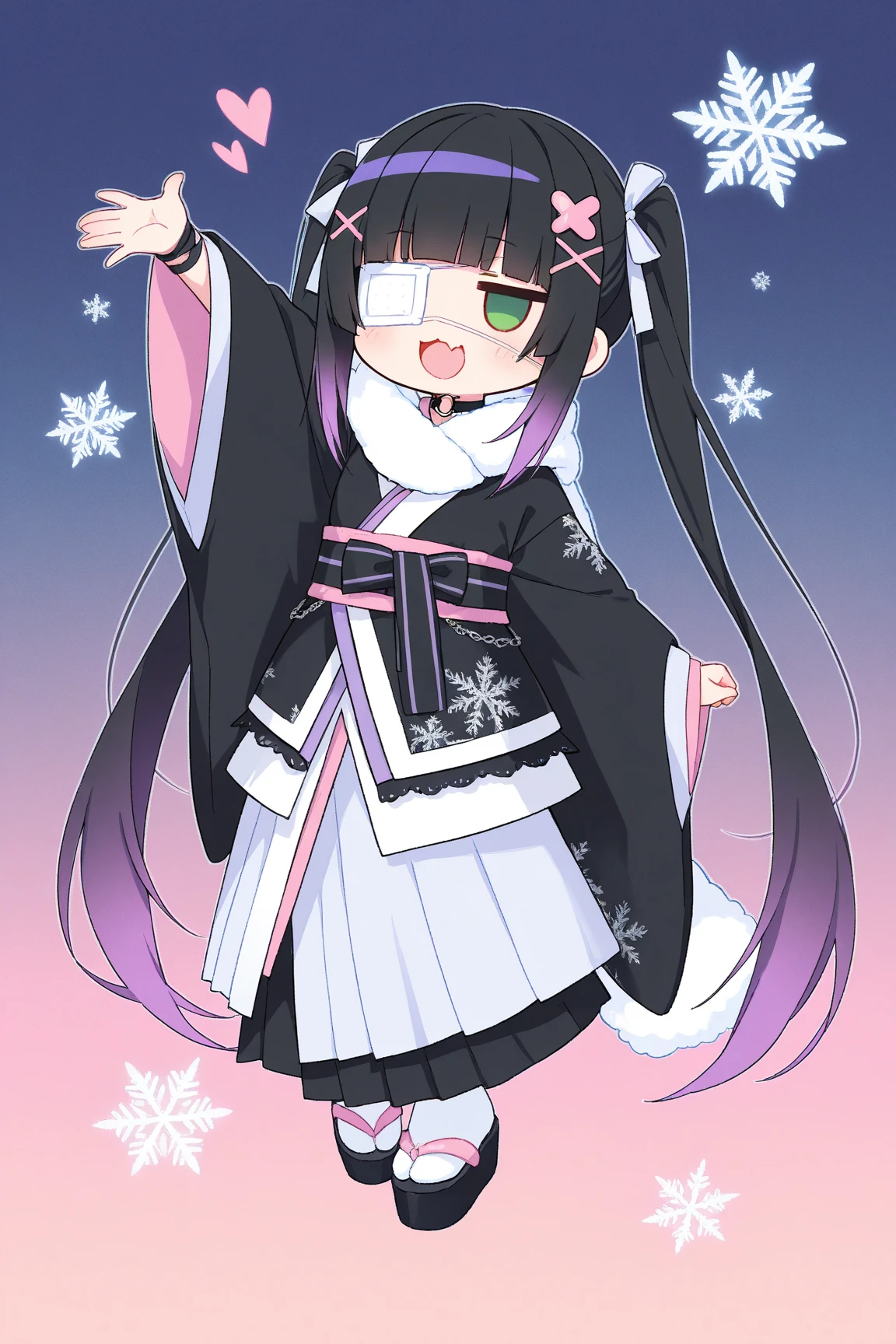 1girl,chibi:1.4,(Twin tails),Black Hair,purple hair,gradient hair,Very long hair,hime cut,skin fang,jitome,green eye,o-ring choker,x hair ornament,heart hair ornament,(=_=),3,open mouth,BREAK black kimono,layered kimono,long kimono fur scarf,,flirting,snowflakes,full body,arm up,outstretched arm,gradient background,pastel colors,masterpiece,best quality