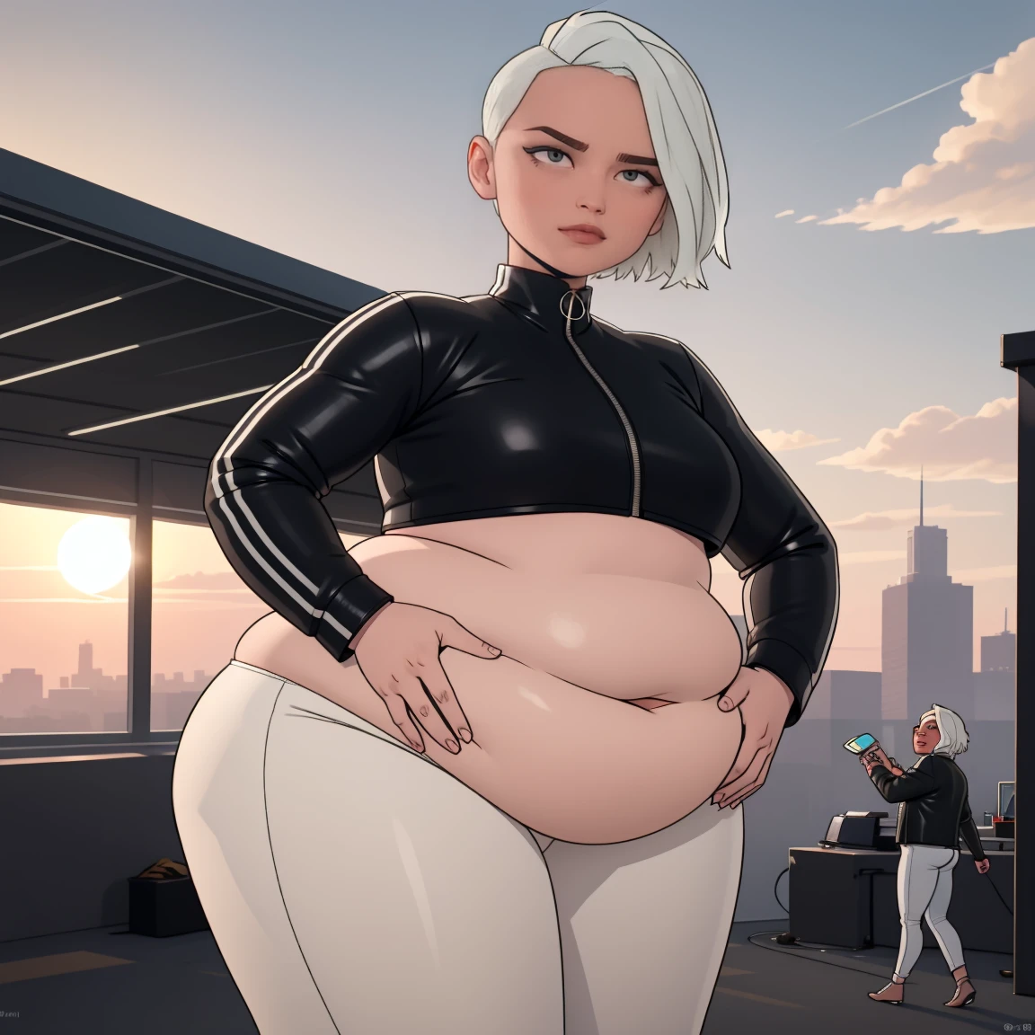 (dark theme:0.6), glucose(big fat body), 1 woman, mature and rough face, wrinkles on the face, cheekbones на лице, cheekbones,  short white hair, sexuality, in a black leather jacket, black leather jacket, black leather jeans, black, figure top-models, Long legs, Tall Growth, height 1,75 м short white hair, haircut-barbershop, straight hair, sunset sun, pomade, decrease, watching the sunset, is located on the roof of the building, turned away from the viewer to the left towards the sun, повернулась налево и watching the sunset, gray eyes,  clear image, crop top, (HDR:1.22), clear drawing, muted colors, complex background, hyper-detailed, art [[Jordan Grimmer]],(clothes that fit your big, fat body size).