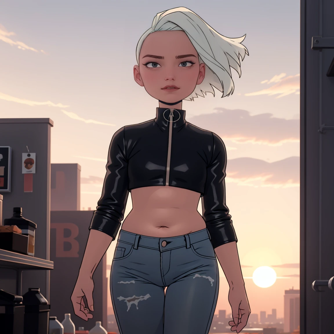 (dark theme:0.6), glucose(big fat body), 1 woman, mature and rough face, wrinkles on the face, cheekbones на лице, cheekbones,  short white hair, sexuality, in a black leather jacket, black leather jacket, black leather jeans, black, figure top-models, Long legs, Tall Growth, height 1,75 м short white hair, haircut-barbershop, straight hair, sunset sun, pomade, decrease, watching the sunset, is located on the roof of the building, turned away from the viewer to the left towards the sun, повернулась налево и watching the sunset, gray eyes,  clear image, crop top, (HDR:1.22), clear drawing, muted colors, complex background, hyper-detailed, art [[Jordan Grimmer]],(clothes that fit your big, fat body size).