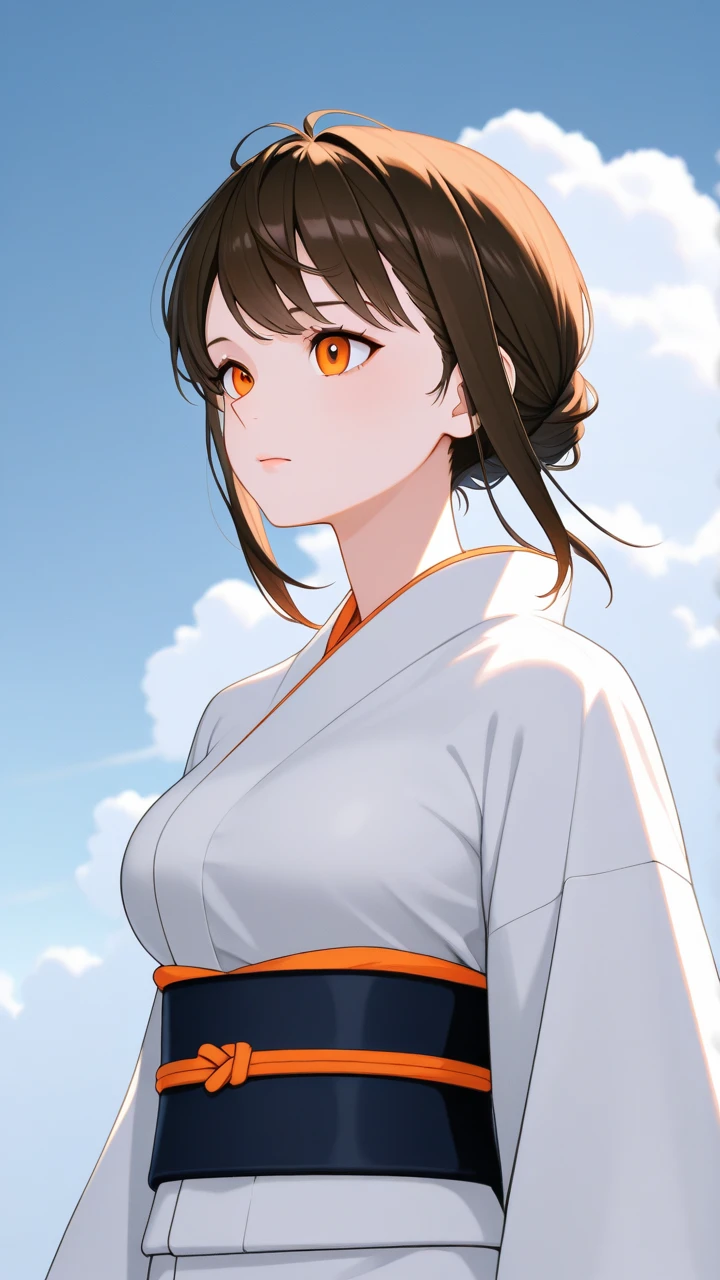  anime girl image, beautiful, Japanese girl,  delicate features ,  short dark brown hair , orange eyes, light skin,  medium breasts ,  slim body,  She measures 1'59 cm  , She wears a traditional white kimono, He is 18 years old.  Blue sky with beautiful white clouds in the background.  Looking straight ahead.