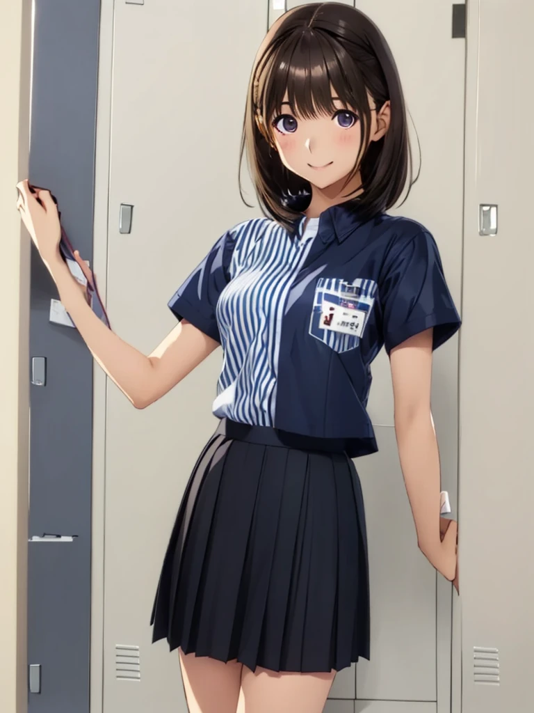 nsfw , anegasaki nene ,  (((highres official art))) , (((Anime Pinups))) , (((1girl))) , (((solo))) , (((a little lighter brown hair))) ,(((name holder))),  best quality, highres,  lawson uniform,大きな胸, employee uniform, shirt, name tag, short sleeves, striped shirt, striped, vertical-striped shirt, blue shirt, vertical stripes, alternate costume , (((lift skirt))), (((skirt hold))) , (((locker room)))