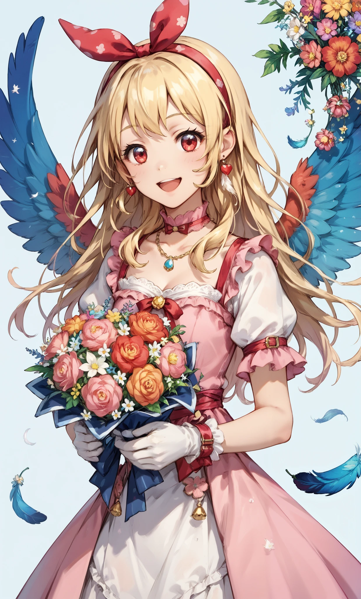 illustrated anime image of cute girl with wings holding a bouquet of flowers, 1girl, hoshimiya ichigo,(RED Ribbon on HAIRband:1.2), flower, solo, blonde hair, long HAIR,feathers, red eyes, jewelry, open mouth, smile, earrings, gloves, long hair,pink Dress,Gorgeous embroidery on the fabric of the dress