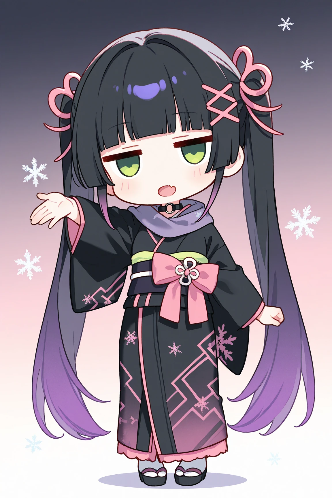 1girl,chibi:1.4,(Twin tails),Black Hair,purple hair,gradient hair,Very long hair,hime cut,skin fang,jitome,green eye,o-ring choker,x hair ornament,heart hair ornament,(=_=),3,open mouth,BREAK black kimono,layered kimono,long kimono fur scarf,,flirting,snowflakes,full body,arm up,outstretched arm,gradient background,pastel colors,masterpiece,best quality