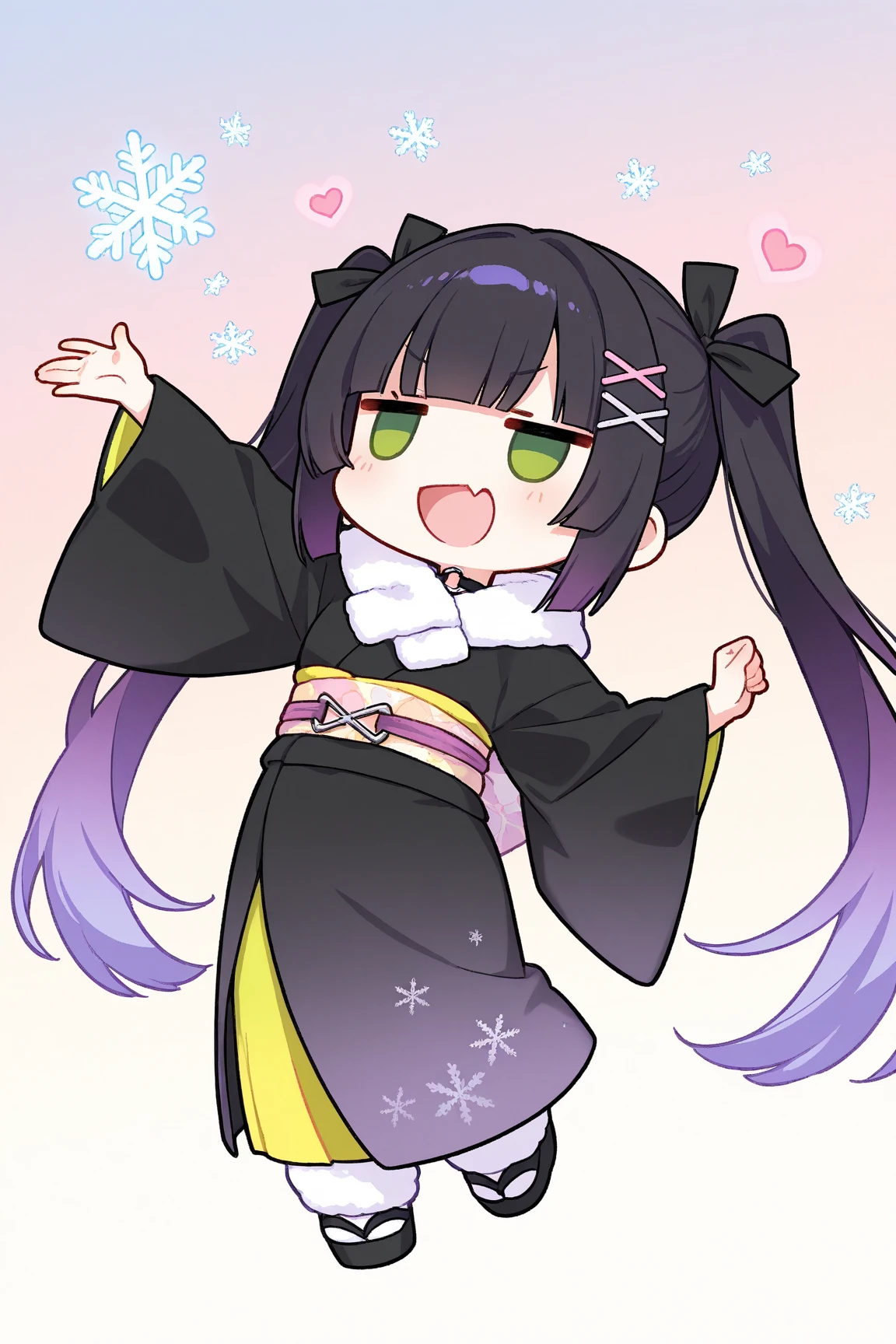 1girl,chibi:1.4,(Twin tails),Black Hair,purple hair,gradient hair,Very long hair,hime cut,skin fang,jitome,green eye,o-ring choker,x hair ornament,heart hair ornament,(=_=),3,open mouth,BREAK black kimono,layered kimono,long kimono fur scarf,,flirting,snowflakes,full body,arm up,outstretched arm,gradient background,pastel colors,masterpiece,best quality