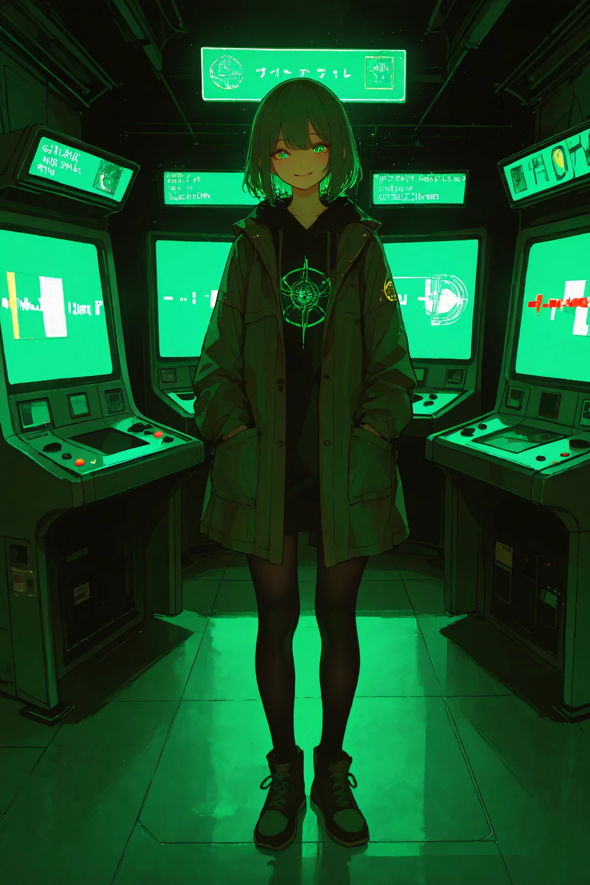 Picture of a woman standing in a game center ,    A pointillism drawing inspired by a painting by Junji Ito depicting a woman standing in a game center ,   CG Society Contest Winner   ,  black legwear ,   blotter art  , Sci-fi Paintings   ,    portrait inspired by the delicate atmosphere of Lovecraft  ,    black legwear , Eyes are green light   ,   visionary painting  , very detailed,  from your hand and direct your gaze,  smiles, yellow