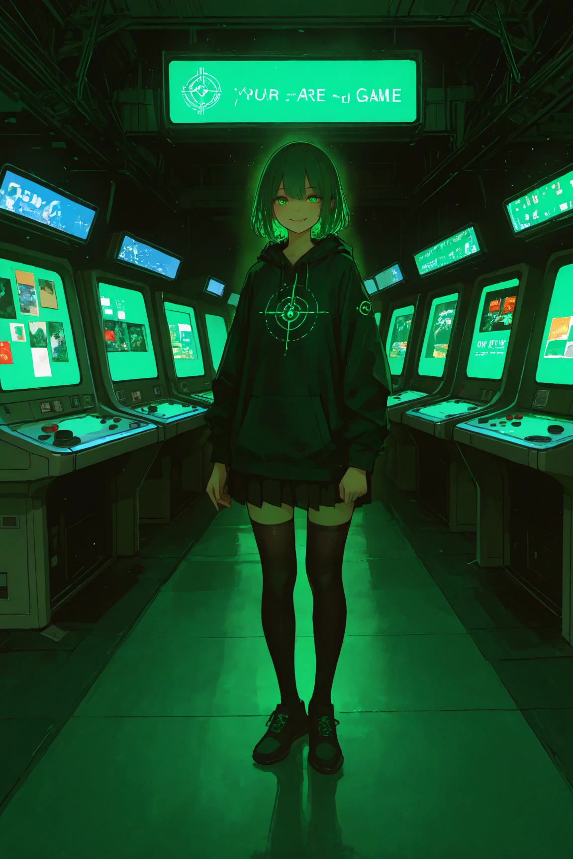 Picture of a woman standing in a game center ,    A pointillism drawing inspired by a painting by Junji Ito depicting a woman standing in a game center ,   CG Society Contest Winner   ,  black legwear ,   blotter art  , Sci-fi Paintings   ,    portrait inspired by the delicate atmosphere of Lovecraft  ,    black legwear , Eyes are green light   ,   visionary painting  , very detailed,  from your hand and direct your gaze,  smiles, yellow