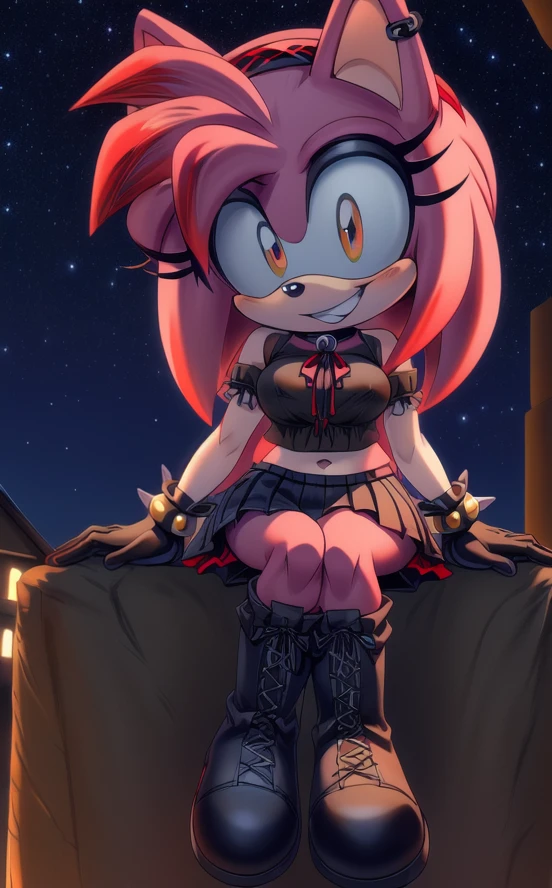 ((masterpiece)) ((UHD)) 4K, High detailed, ((detailed shadowing)) Female anthropomorphic hedgehog, Amy Rose, mobian, light pink fur, furry, Anime style art, Studio Quality, Atractive, gorgeous body, full body portrait, Best Quality, High resolution, breasts, midriff, multicolored hair , pink messy, frizzy, long Punk Hair with red highlights, ((hairband, red hair bow)), 4 long bangs, orange eyes, ((black and white goth style blouse top)), (( spike bracelets)), ((long black gloves)) black choker, earrings, ((black pleated skirt with red stripes and a white fringe)) , ((long red boots with black stripes)) , creepy smile, teeth gap, wide-eyed, crazy, bonkers, unhinged, Looking at viewer, sitting down legs out ((nighttime)) ((starry sky)) ((ambient lighting)) (cinematic lighting)) bright colorful carnival background, “Rascal”