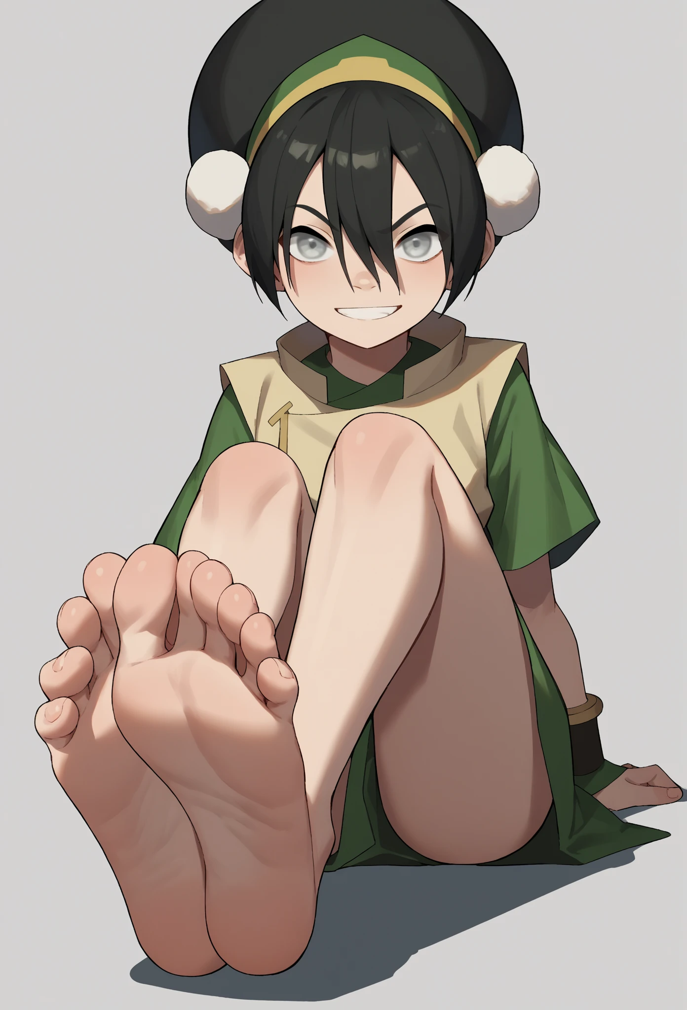 score_9, score_8_up, score_7_up, score_6_up, score_5_up, score_4_up, BREAK, source_anime,
1girl, toph, bangs, black hair, blind, grey eyes, hair between eyes, hair bun, hairband, short hair, short sleeves, tunic, chinese clothes, showing bottom of feet, foot focus, soles of feet, forest background ,sitting
hands behind back, smile, upper body, looking at viewer, solo, forest background 