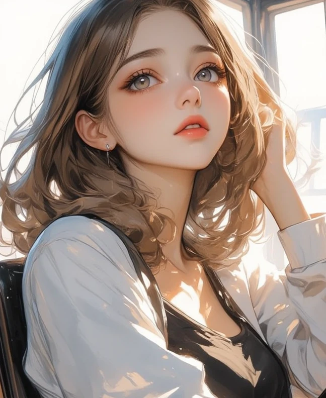 (1 girl) 、Create an "school" scene where a beautiful dark gray-eyed Japanese young highschool girl .gold color highlight hair,ash gold color hair,hairstyle、 (Flat Color:0.8),(((upper body))),(ultrafine sketch line art:1.5),(dynamic angle),お尻を突き出す
BRAKE
、 1 girl, alone, ((sitting)),(dynamic angle:0.9) 、1woman 、 (dutch angle ,dynamic pose:1.3) ,(small eyes)

break  
、beautiful absurdres 、highres extremely detailed 、high quality 、simple background 、4K 、8k 、wallpaper 
、
break 
  , (( from below )),cute face, top quality，​masterpiece、17years old
