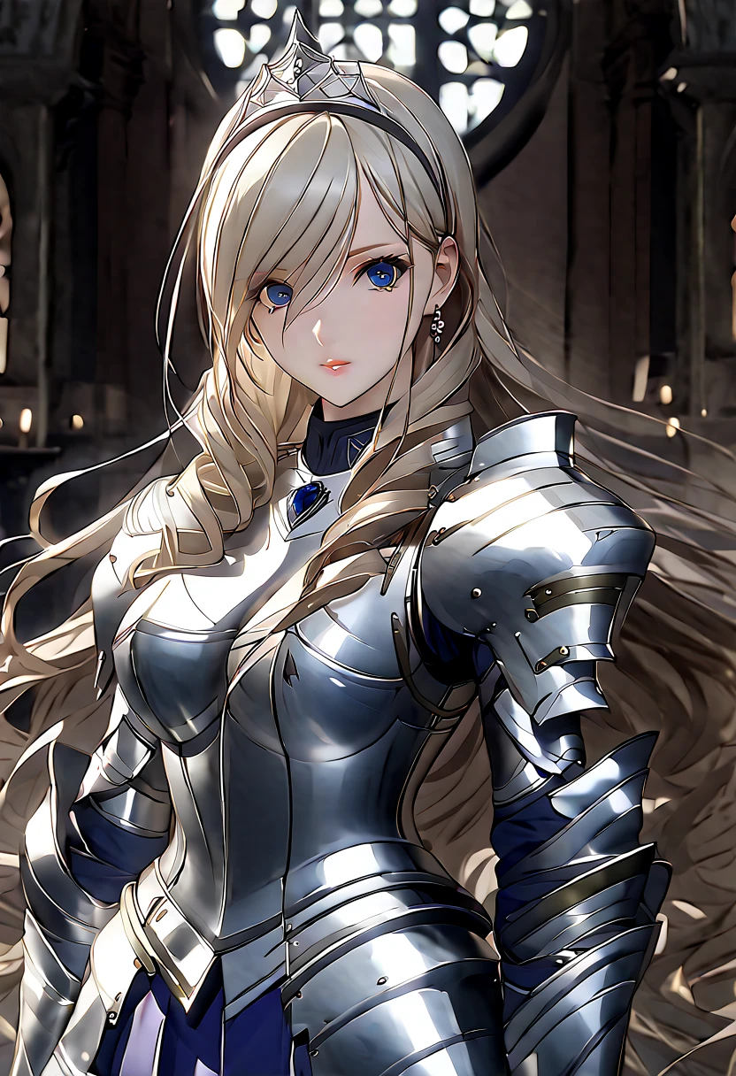 ((masterpiece)),  top quality ,  very detailed,( one girl), Knight Princess , Celia Aintree long hair,  blondes,  drill hair,  hair band ,  hair accessories, Blue Eyes, High gradation eyes,  hair tube,  dress, Dark Blue,  dress,  gloves, [Bare shoulders,  jewelry,  clevis on a stone,  princess, elbow  gloves, tiara ,brooch,white  gloves、 adult female 、thin、 very beautiful、 beautiful faces、(((Blue and silver armor、breastplate、 gauntlet、Shin guards、 shiny armor:1.2)))、 gold earrings、Golden Hair, Blue Eyes,  pink lips,  cowboy shot 