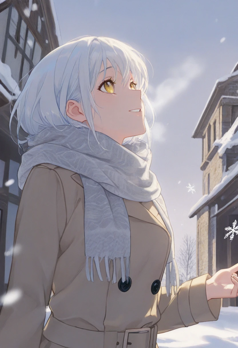 Animation, work of art, 8K quality, a beautiful girl with long white hair and yellow eyes is wearing a trench coat and a Burberry scarf around her neck, looking up and smiling, snow is falling from the sky, snowflakes are drawn large in the foreground, a scene from a winter day, an old town with calm brick roads, the girl's breath is white.