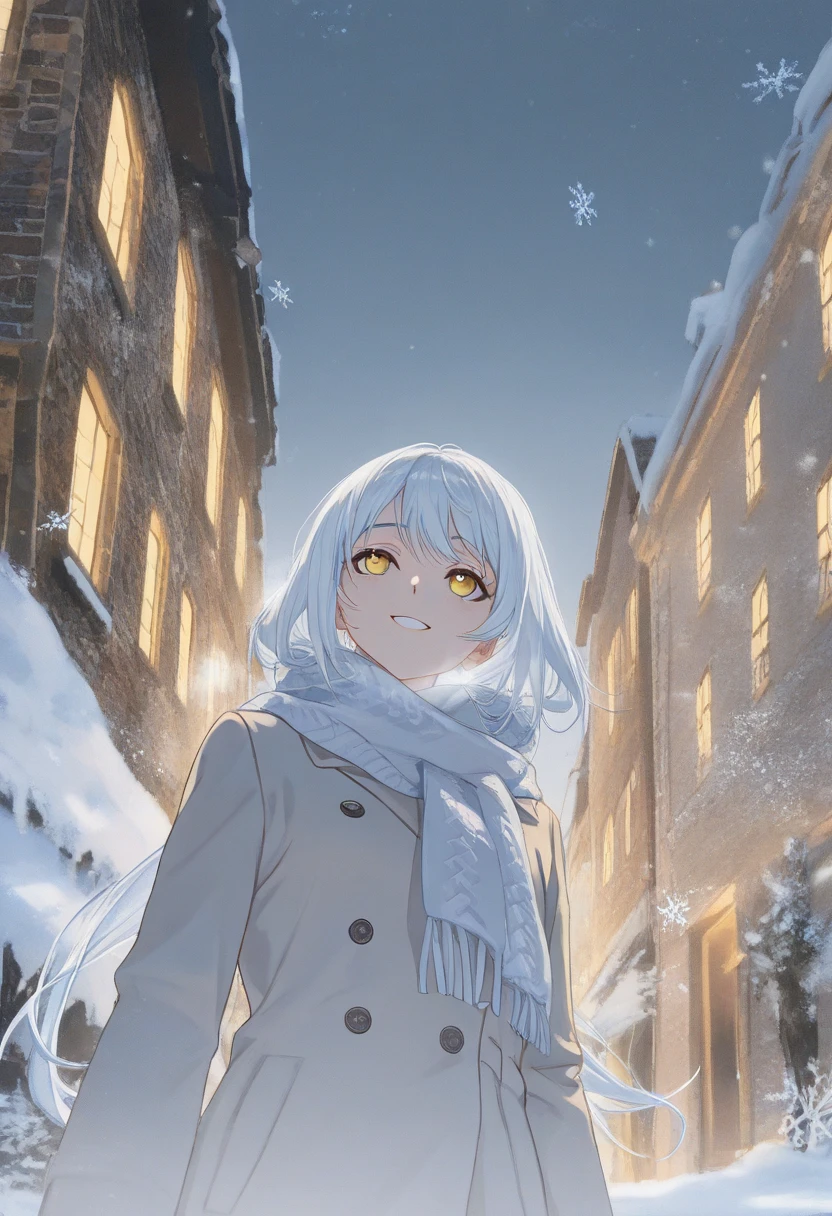 Animation, work of art, 8K quality, a beautiful girl with long white hair and yellow eyes is wearing a trench coat and a Burberry scarf around her neck, looking up and smiling, snow is falling from the sky, snowflakes are drawn large in the foreground, a scene from a winter day, an old town with calm brick roads, the girl's breath is white.