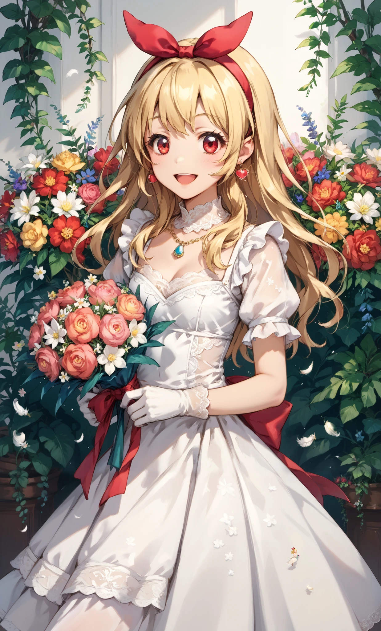 (from above:1.2),(from side:0.9), ((Face)), (Close-Up:1.0), ((looking at viewer, holding a bouquet to his mouth)), highest quality、(real、photorealistic:1.4)、(RAW photo:1.2)、very detailed CG unity 8k wallpaper, delicate and beautiful, wonderful, Fine detail, official art, huge file size, Ultra-detailed, very detailed girl, very detailed eyes and face, Bright on the face、(20 age girl:1.0)、small smile, smiling, (twintail hair:1.25), hair between eyes, hair twintails, (long hair:1.25), tiara,ruany,off-shoulder dress,pearl ,(gemstone),tiara,veil,wedding dress, wedding necklace, wedding long gloves, (luxurious bouquet), chapel, Stained glass,(best quality, highres, masterpiece:1.2), ultra-detailed, (realistic:1.37) illustration, erotic style, soft lighting, sweat glistening on her body, gentle warmth, mysterious, small breast,narrow waist,(with sparkling eyes and a contagious smile),her thin pubic hair, looking at viewer,