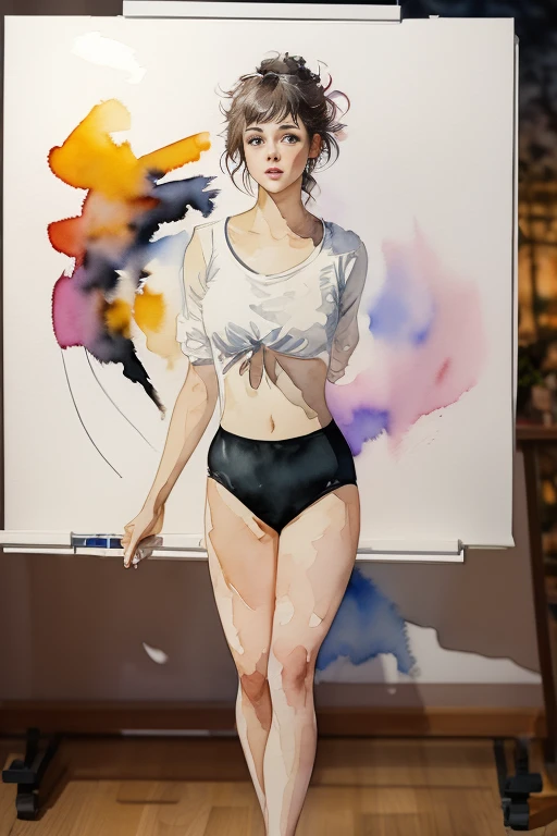 1 woman , wavy orange hair , green eyes , sly face , wear glasses , white tank top , black underwear belly , big breasts , Long legs , Put your hands on your hips.. , canvas shoes, public , Surrounding people drawing pictures