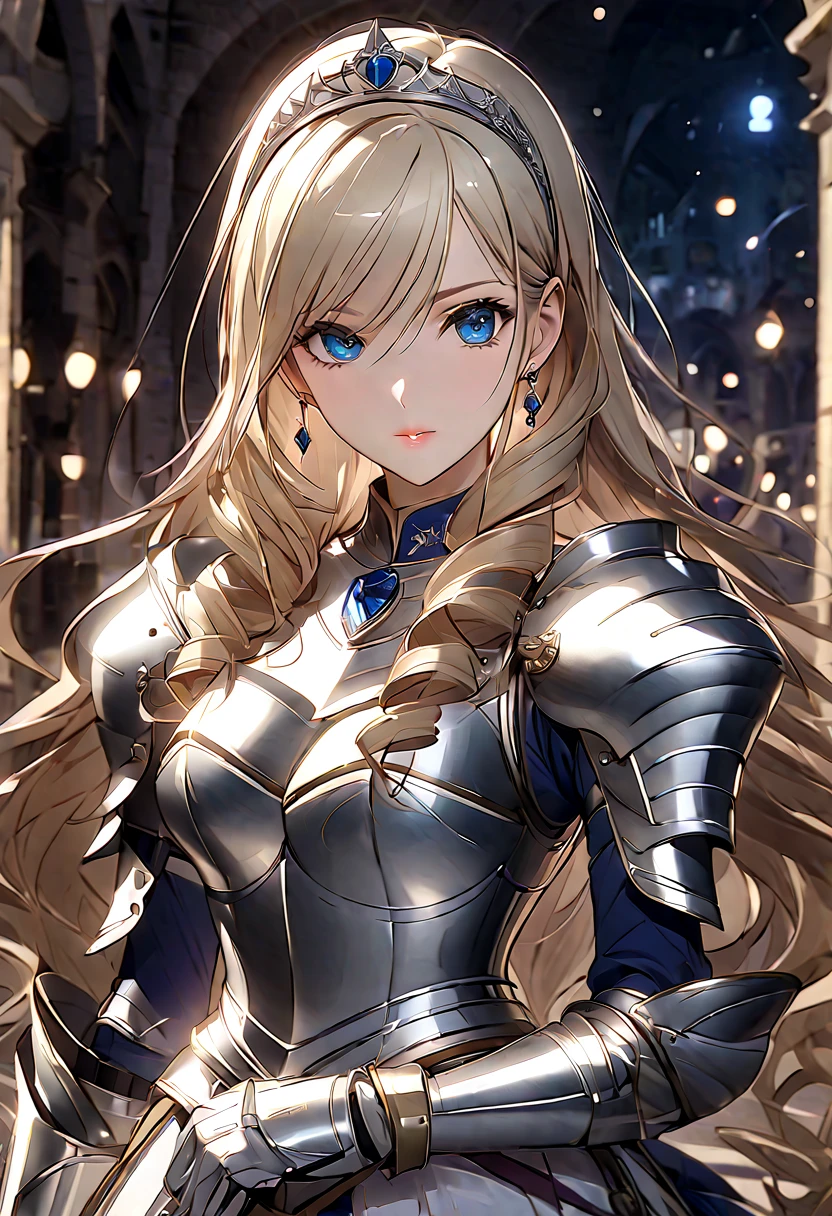 ((masterpiece)),  top quality ,  very detailed,( one girl), Knight Princess , Celia Aintree long hair,  blondes,  drill hair,  hair band ,  hair accessories, Blue Eyes, High gradation eyes,  hair tube,  dress, Dark Blue,  dress,  gloves, [Bare shoulders,  jewelry,  clevis on a stone,  princess, elbow  gloves, tiara ,brooch,white  gloves、 adult female 、thin、 very beautiful、 beautiful faces、(((Blue and silver armor、breastplate、 gauntlet、Shin guards、 shiny armor:1.2)))、 gold earrings、Golden Hair, Blue Eyes,  pink lips,  cowboy shot 