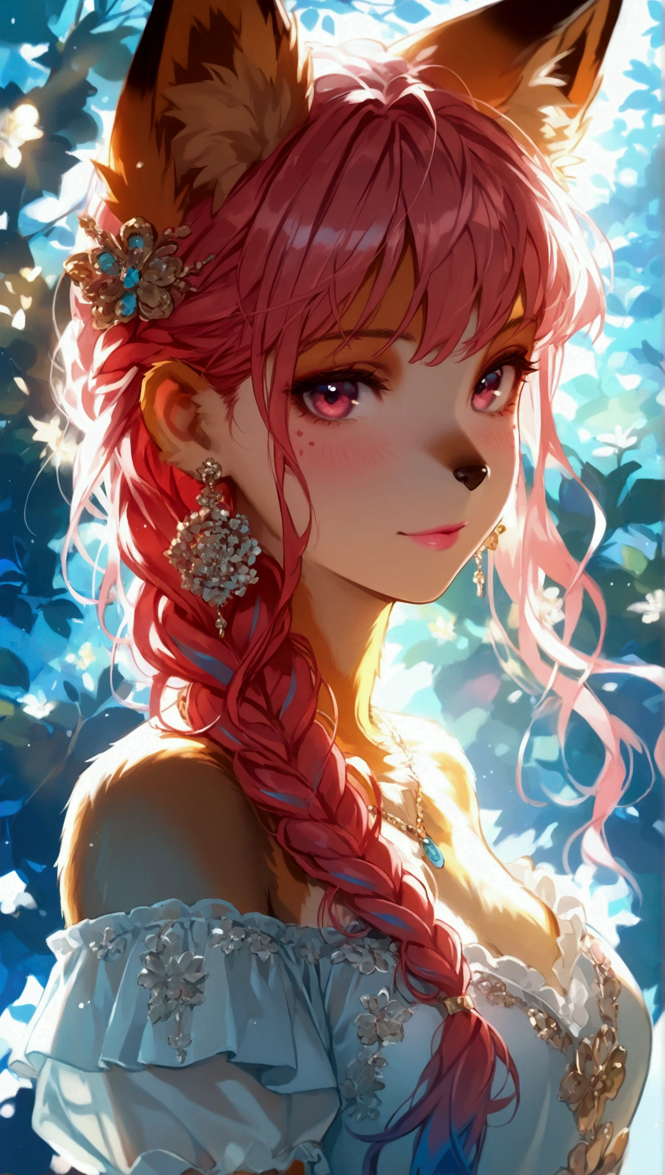 Masterpiece, Best Quality, High Resolution, (White Background: 1.4), [Glitter], [Looking at the Viewer, Portrait, 1 Sweet Chinese Girl], (Long Hair, Blue Hair, Wavy Curls, Multicolored Twisted Big Braid: 1.3, Furry Fox Ears, Air Bangs), White Off-the-Shoulder Short Sleeves, Delicate Facial Features, Pink Lips, Earrings, Necklace