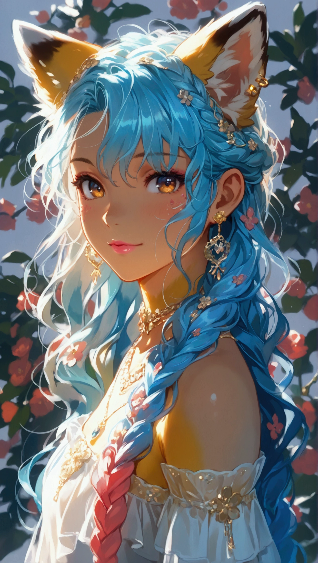 Masterpiece, Best Quality, High Resolution, (White Background: 1.4), [Glitter], [Looking at the Viewer, Portrait, 1 Sweet Chinese Girl], (Long Hair, Blue Hair, Wavy Curls, Multicolored Twisted Big Braid: 1.3, Furry Fox Ears, Air Bangs), White Off-the-Shoulder Short Sleeves, Delicate Facial Features, Pink Lips, Earrings, Necklace