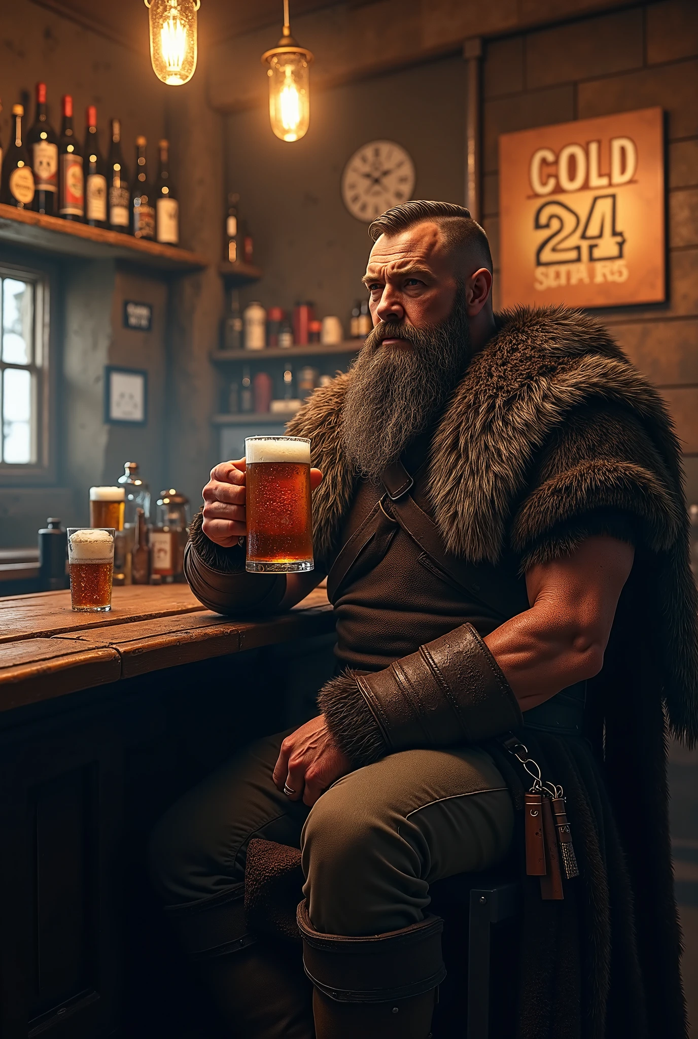werewolf, holding a large foaming beer stein, street, anthro, casual medieval clothes,muscular