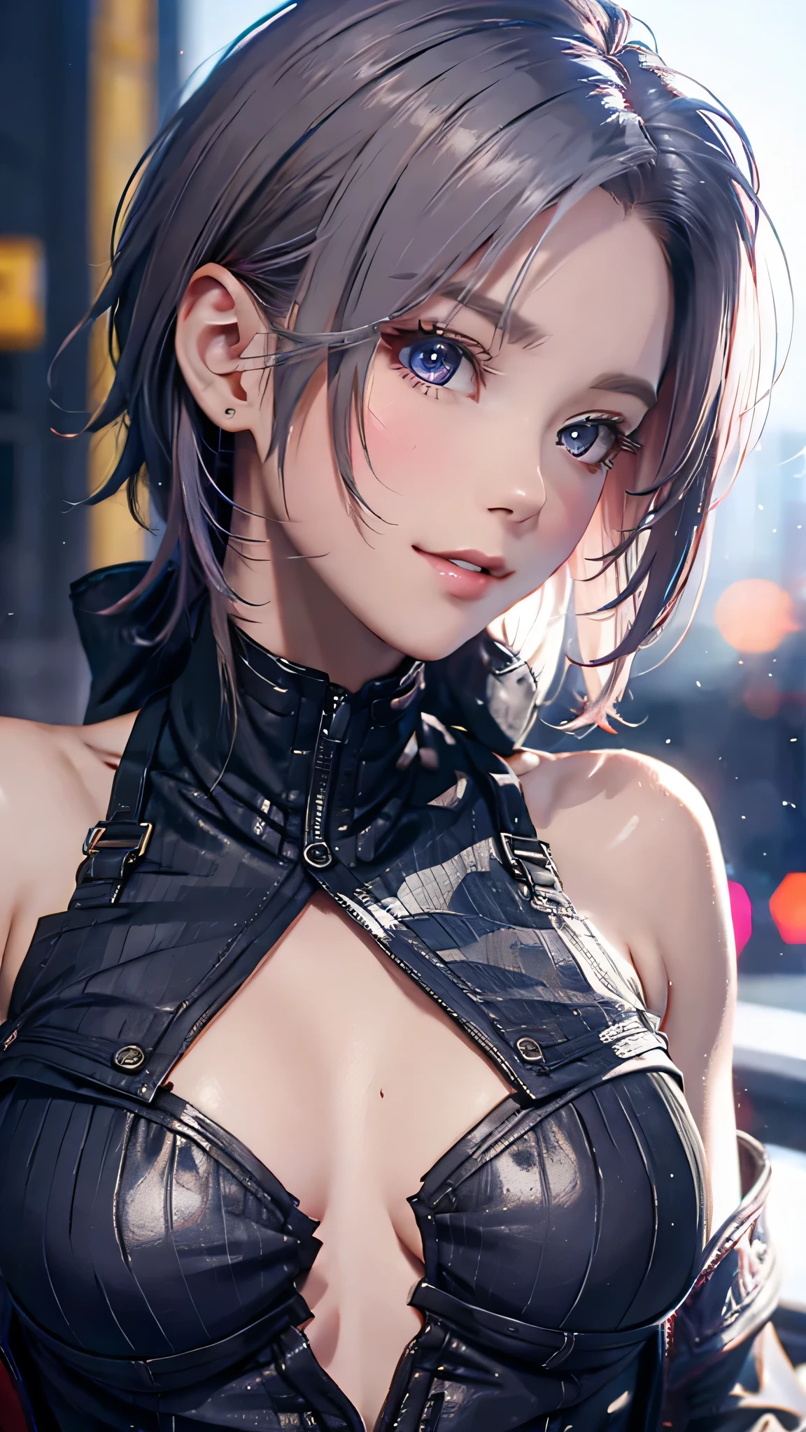 (8k,  photorealistic,  RAW photos , top quality: 1.4), ( 1 girl), super beautiful, ( realistic face), ( boyish ,  silver-colored berry shorthair),  Beautiful Cyberpunk Suit ,  gaze that tempts viewers,  beautiful expression ,  Beautiful breasts, (realistic skin),  beautiful smile, (soldier),  attractive, Super high resolution,  super real ,   high definition ,  pampered 