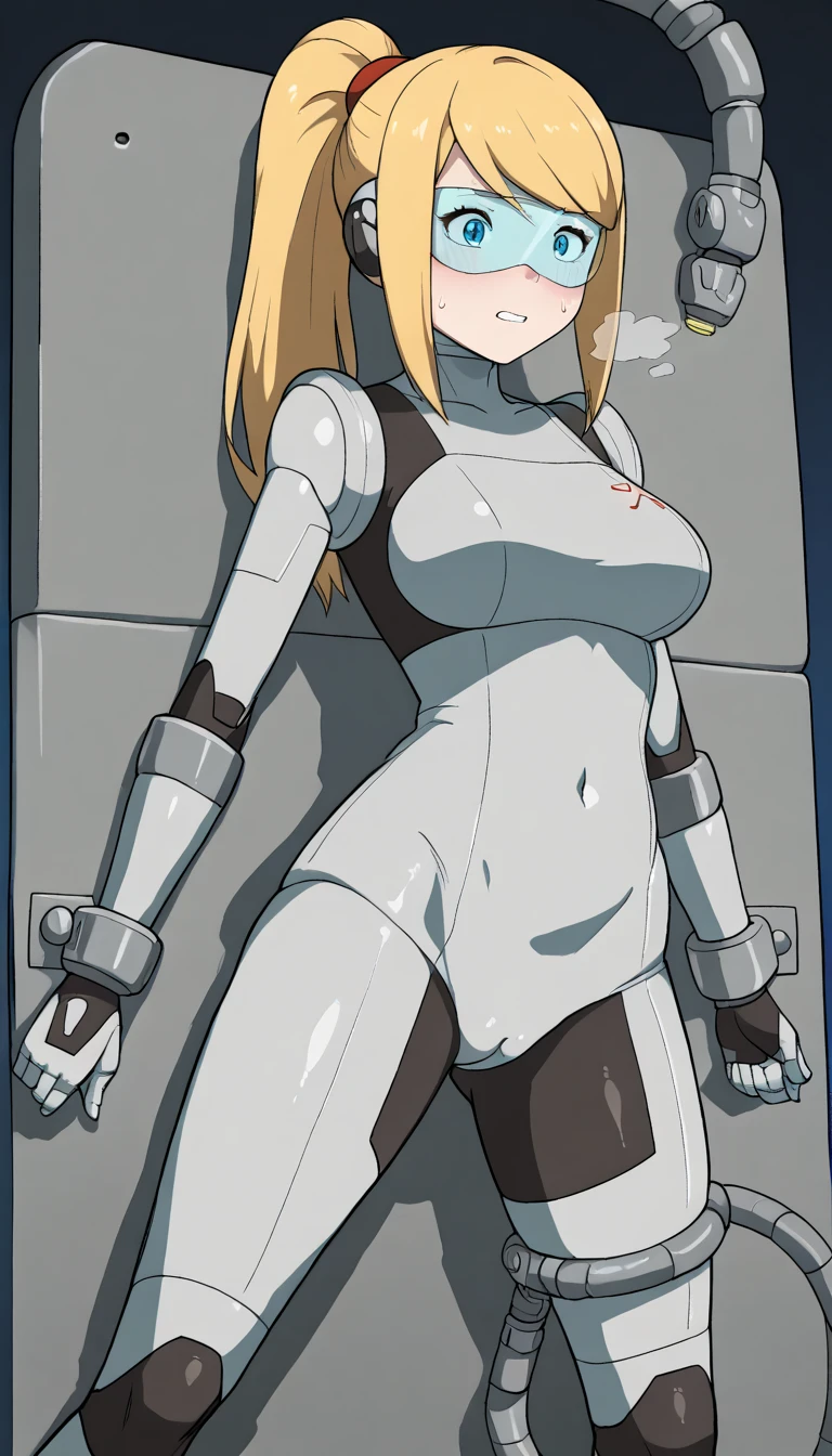 masterpiece, best quality, extremely detailed, (8K, 4K, Best Quality, hight resolution, 超A high resolution:1.1), ,8k portrait, Japaese android Girl,Plump , dark black leg cover,announcer,control panels,android,Droid,Mechanical Hand, Robot arms and legs, Black Robot Parts,yellow ponytail,Mechanical body,Blunt bangs,perfect mechanical abdomen,blue robotics parts,perfect robot woman,future laboratory,cyber pank,charging spot,laboratory,long tube,thick cable connected her neck,blue ceramic body ,perfect mechanical body, blue robot body,lod antenna,mechanical ear cover,android,robot humanoid,black sponge joints,The removable cover is in the groin,The connection port is in the groin,opened chest panel,access panel on the chest,opened breast panel,perfect mechanical breast,perfect black machine body,perfect black android body,She has repaired,assembly plant,no human skin,visor,mistyrobot,samus aran,dress,malfunction,robot joint,doll joint,robotization,tight bodysuit,lying,surgery table,spark,restrained,pussy,restrained legs